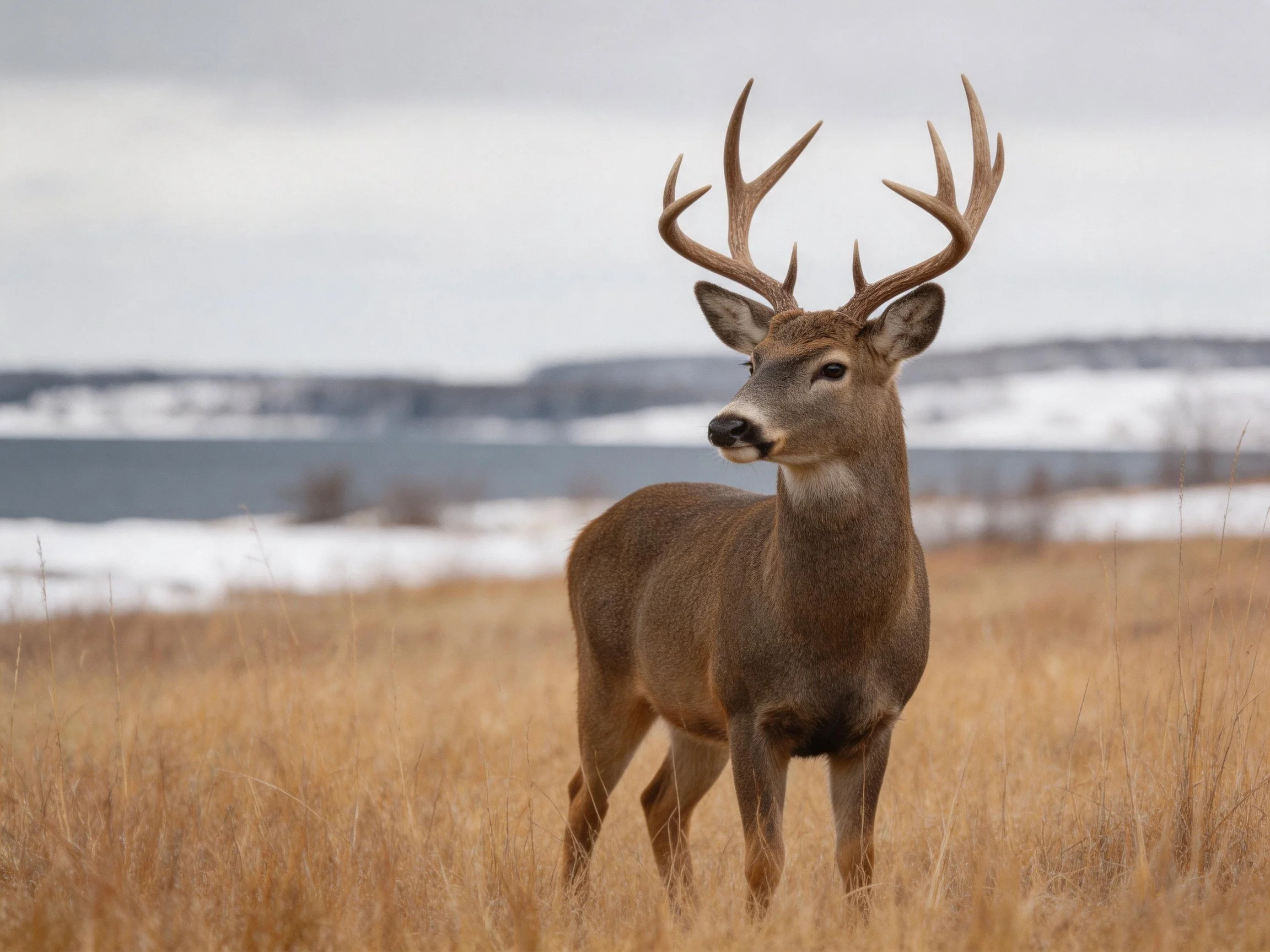 A majestic buck stands in golden grass near a wintry lake