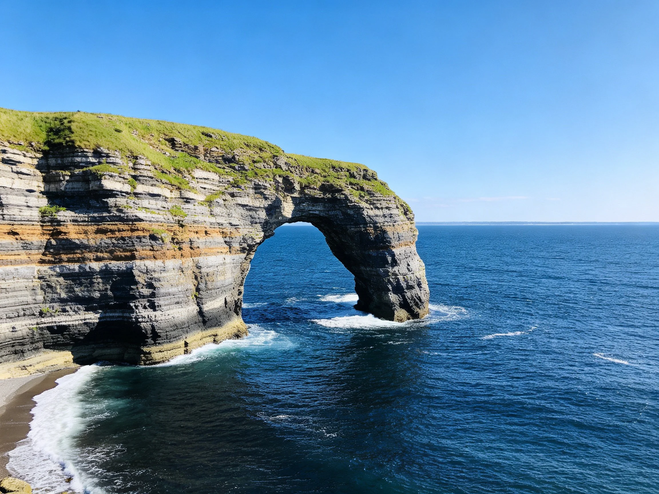 A majestic coastal cliff with a natural stone arch overlooking deep blue ocean