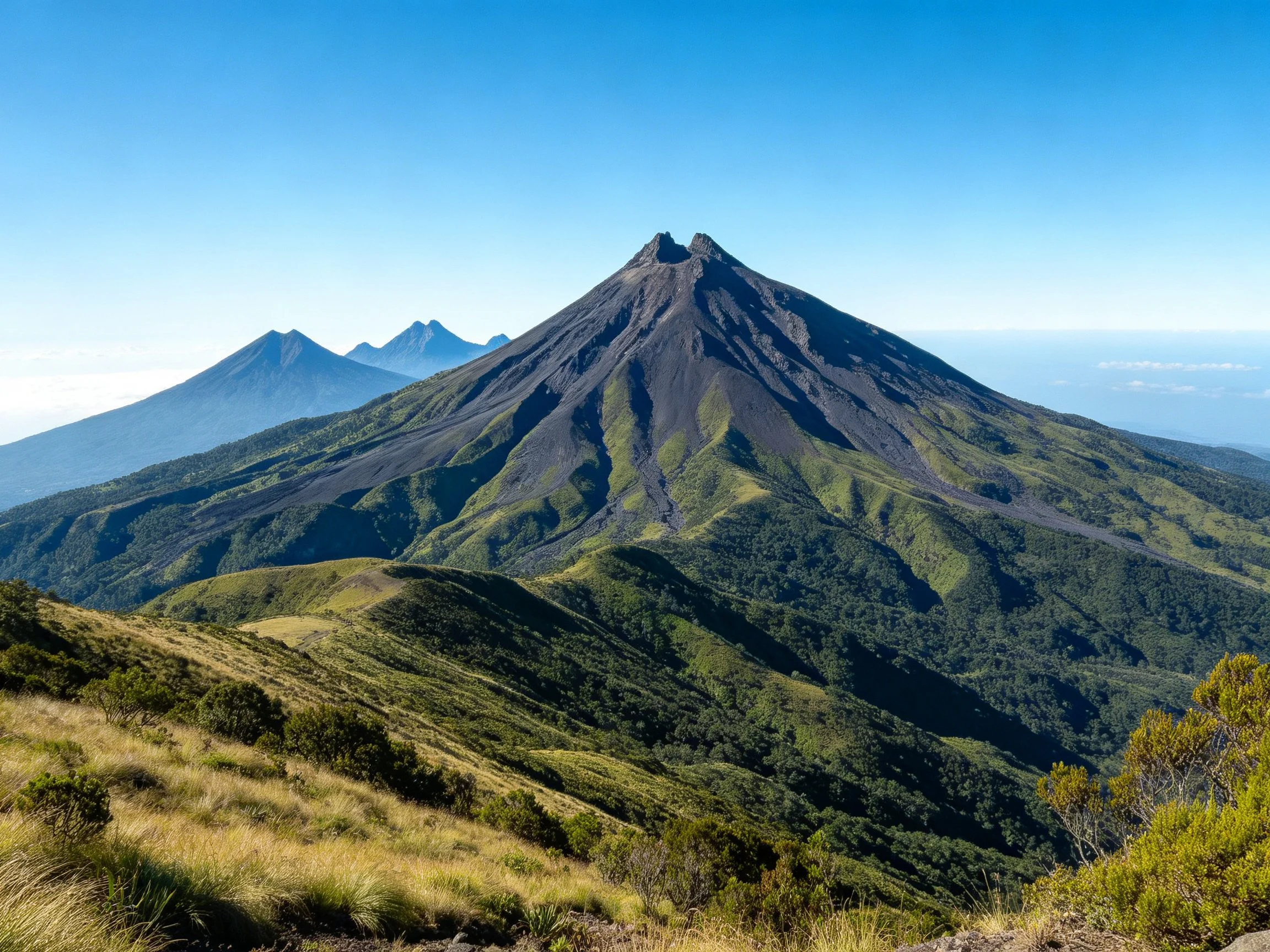 A majestic dark volcanic peak with lush green surroundings under clear blue sky