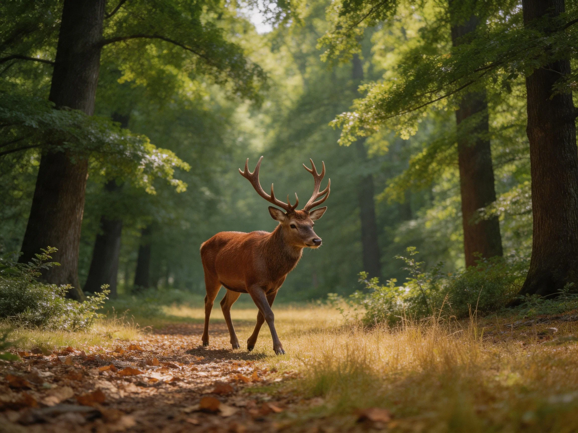 A majestic deer with large antlers in a sun-dappled forest trail