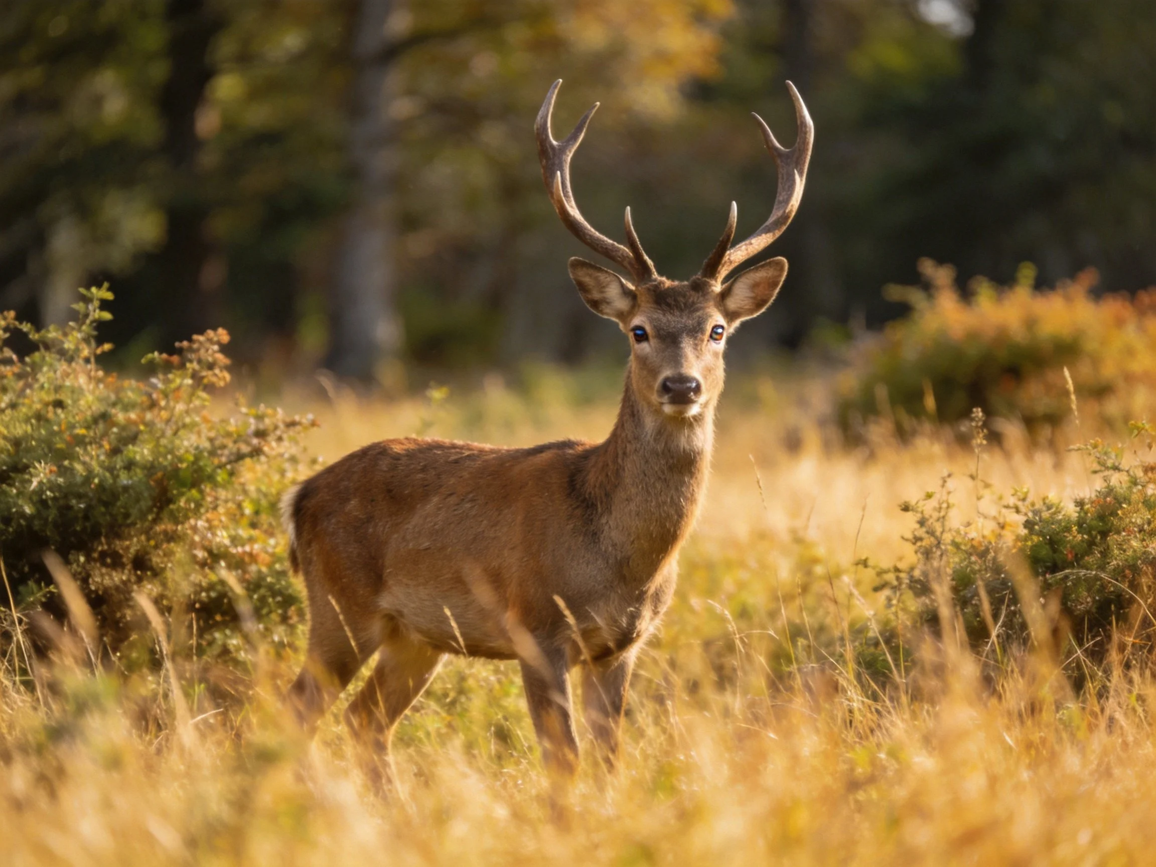 A majestic deer with large antlers in golden grassland