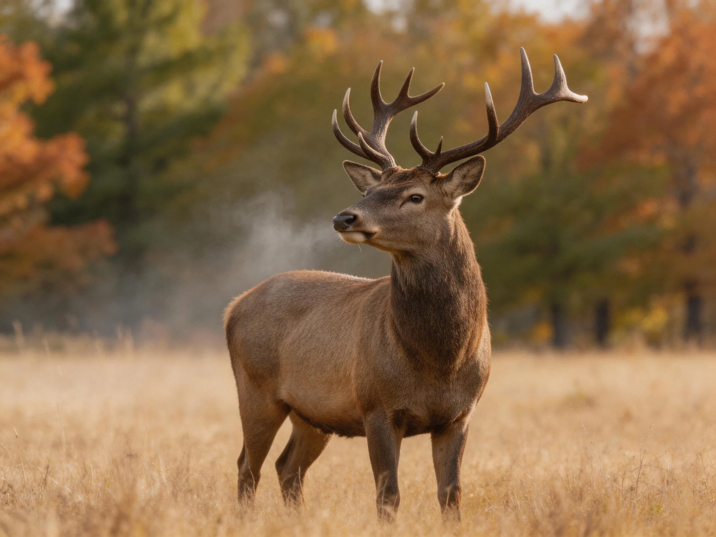 A majestic deer with large antlers stands in an autumn meadow