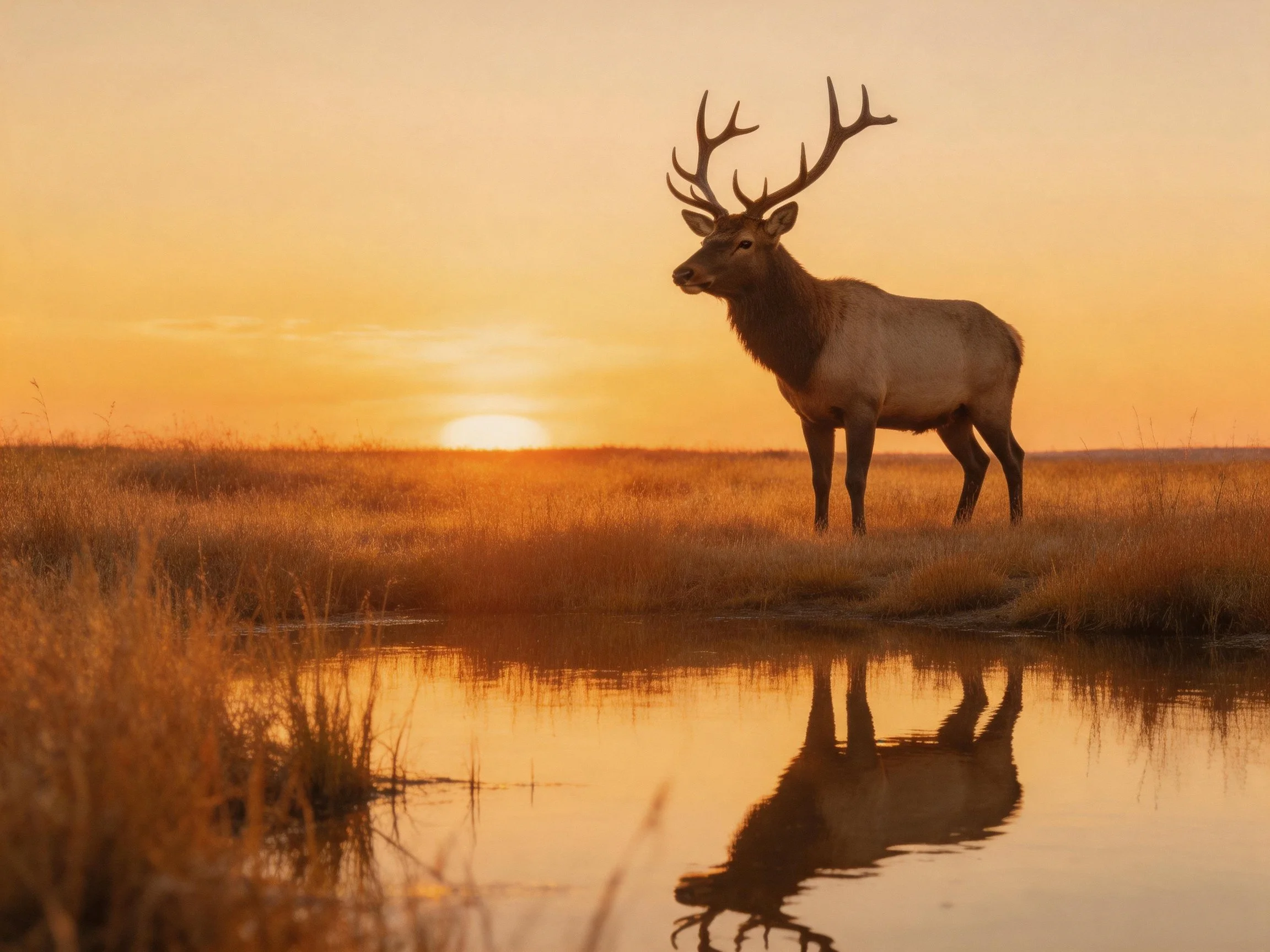 A majestic elk stands near a reflective water body during golden sunset
