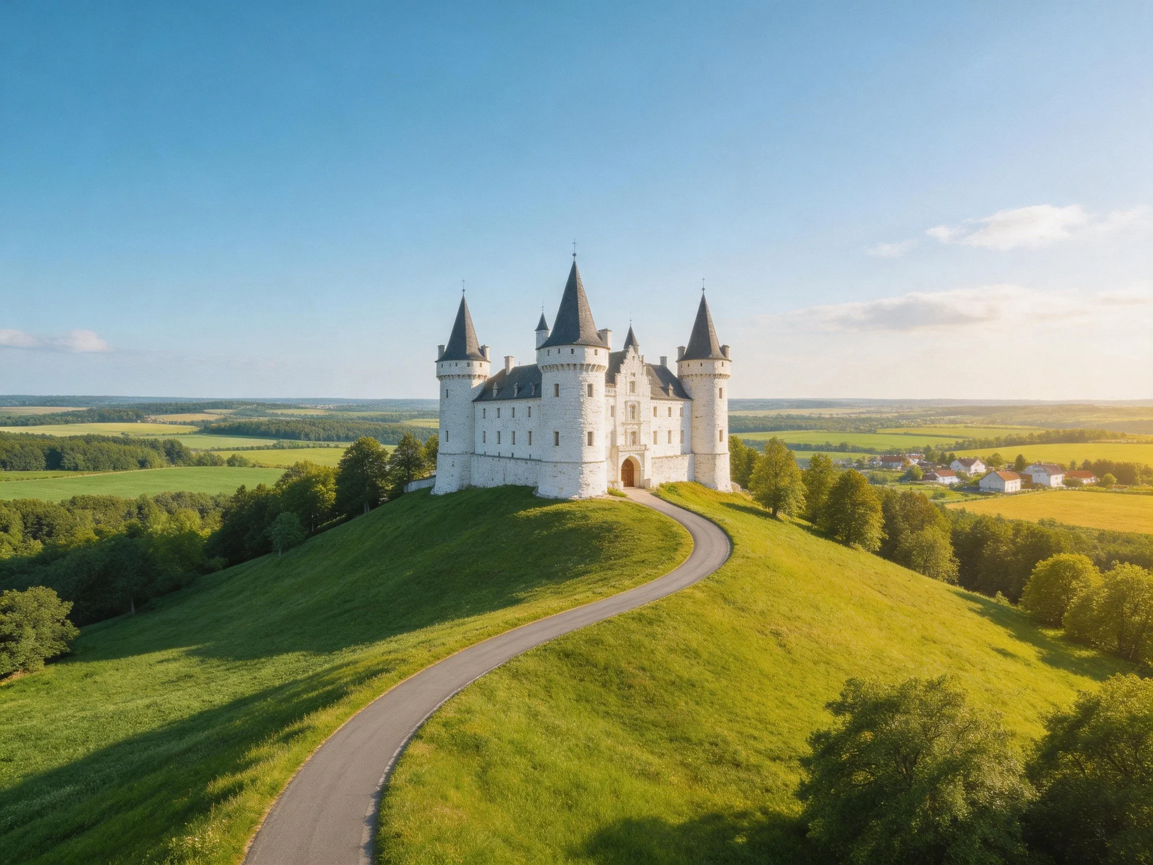 A majestic medieval castle on a grassy hill with winding path