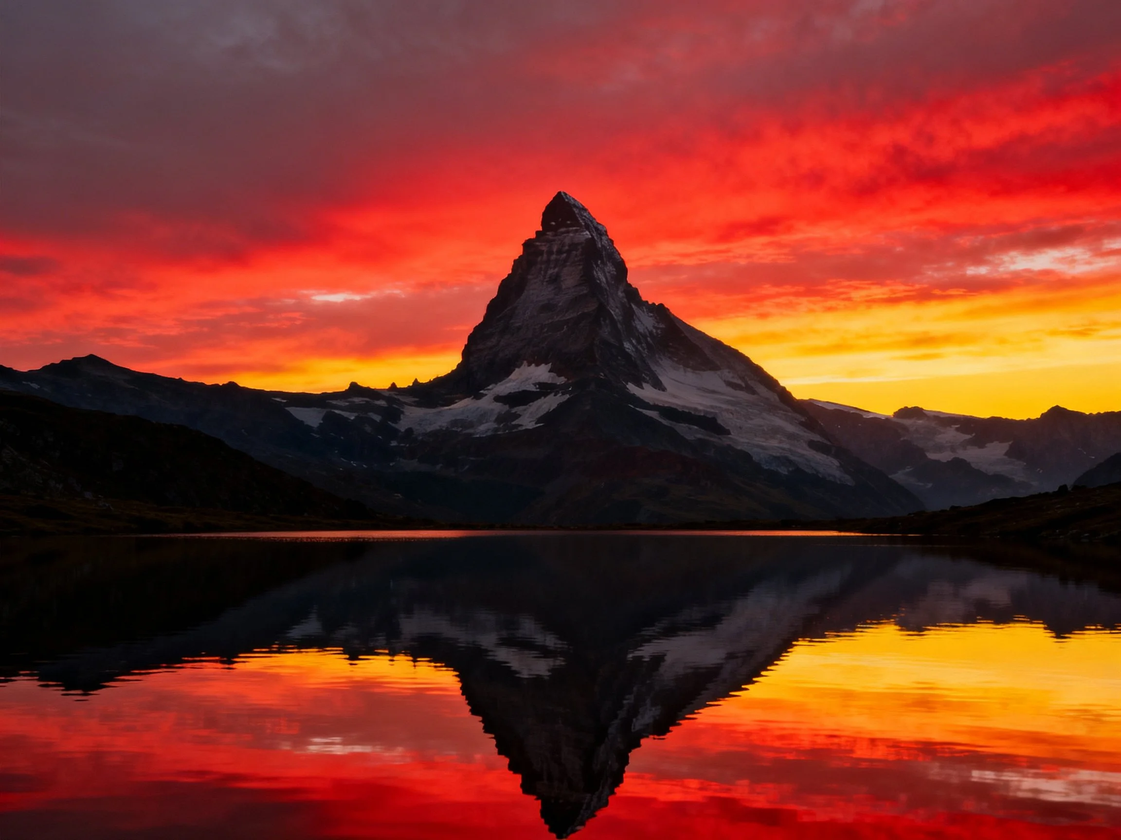A majestic mountain peak reflects in calm waters under vibrant sunset skies