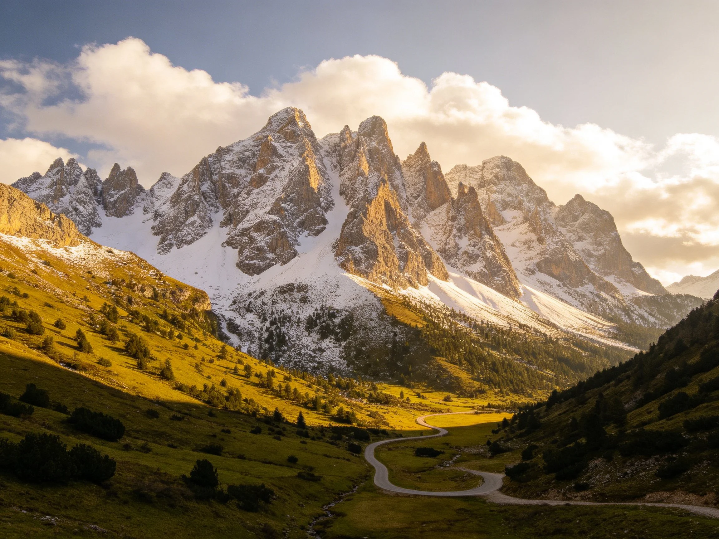 A majestic mountain range with snow-capped peaks and golden sunlight