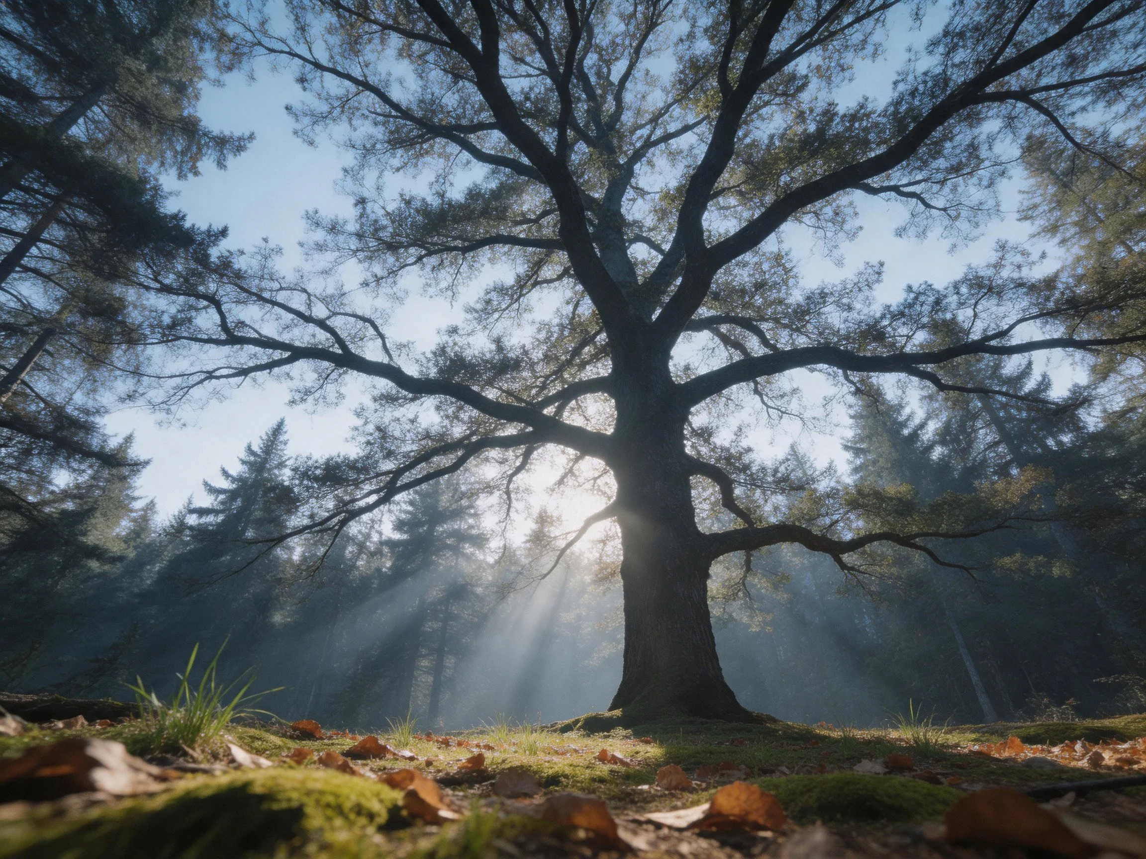 A majestic oak tree in sun-dappled misty forest clearing