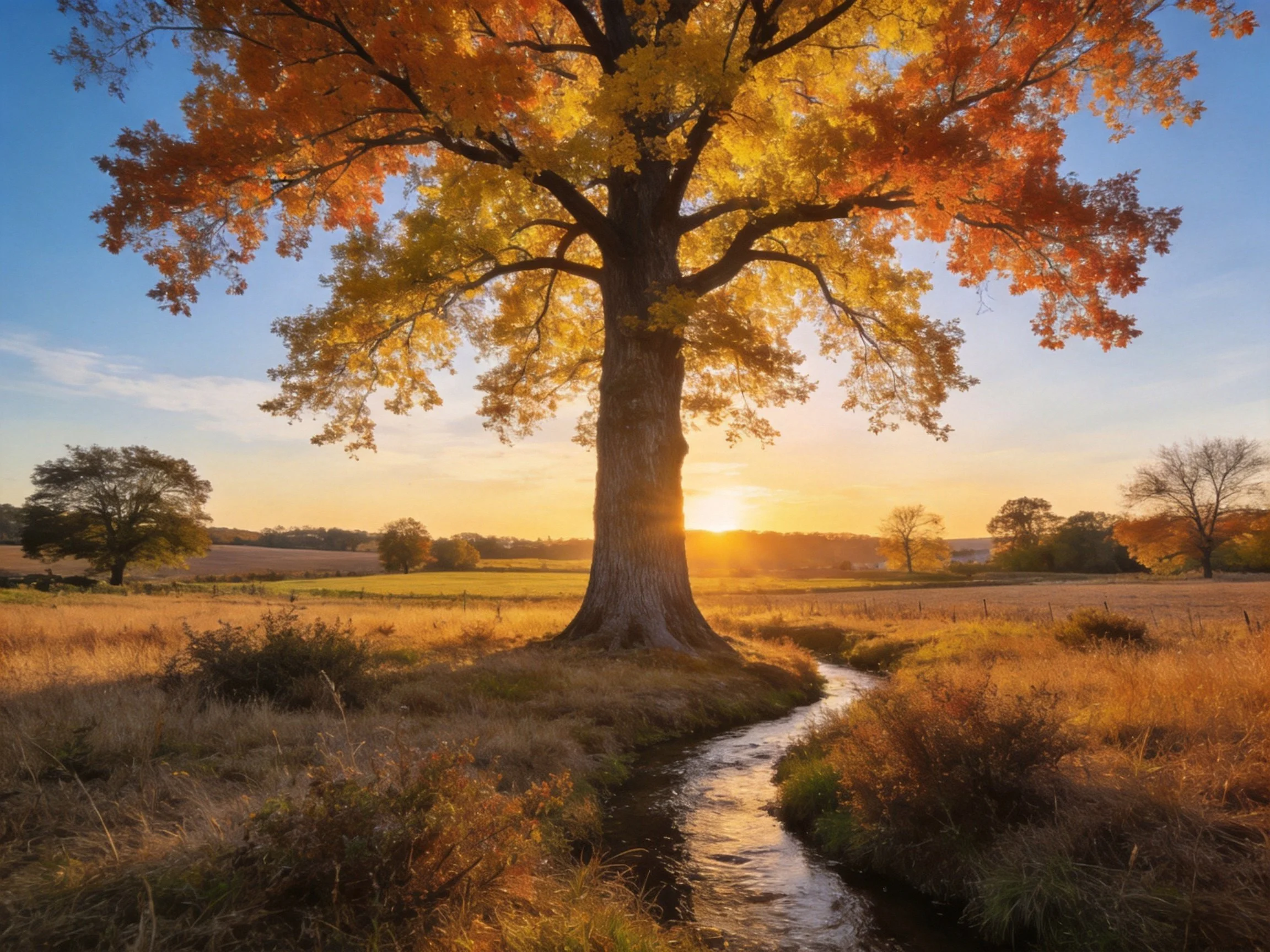 A majestic oak tree with autumn foliage beside a winding stream at sunset
