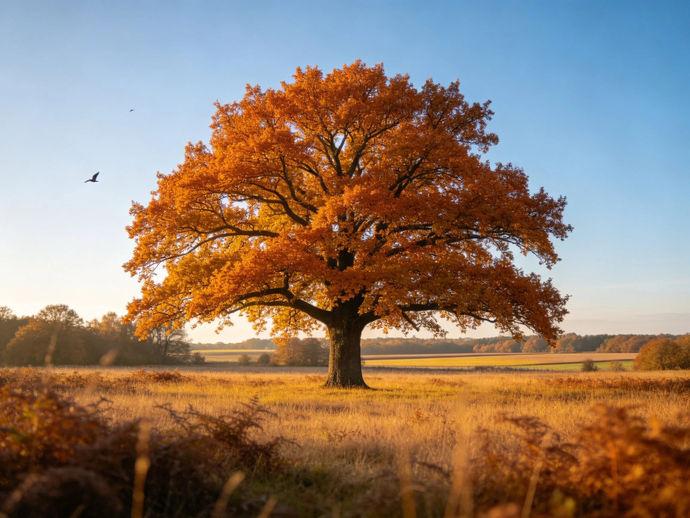 A majestic oak tree with vibrant autumn foliage