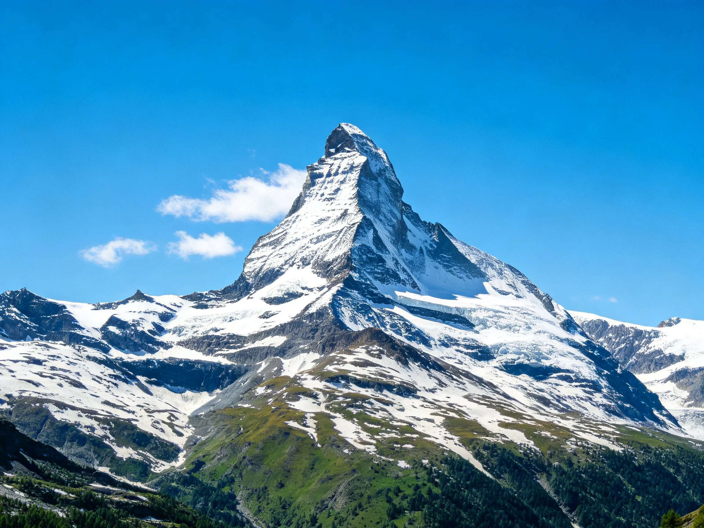 A majestic snow-capped Matterhorn peak against brilliant blue sky