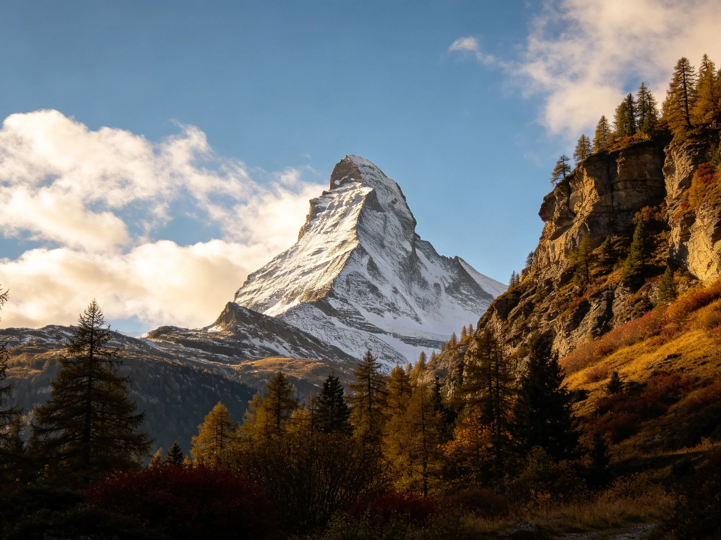A majestic snow-capped Matterhorn peak rises among autumn forests