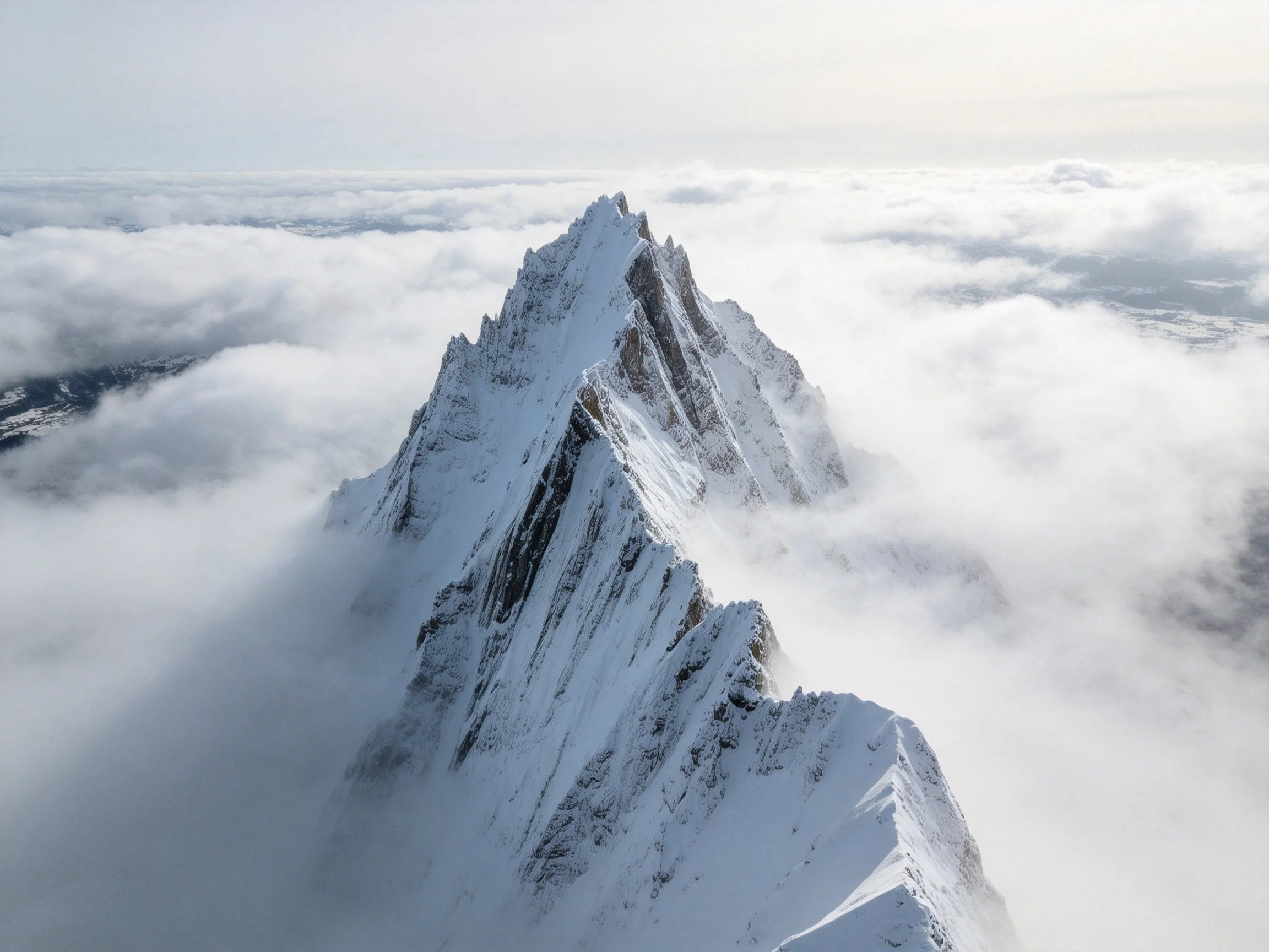 A majestic snow-capped mountain peak rises above sea-level clouds