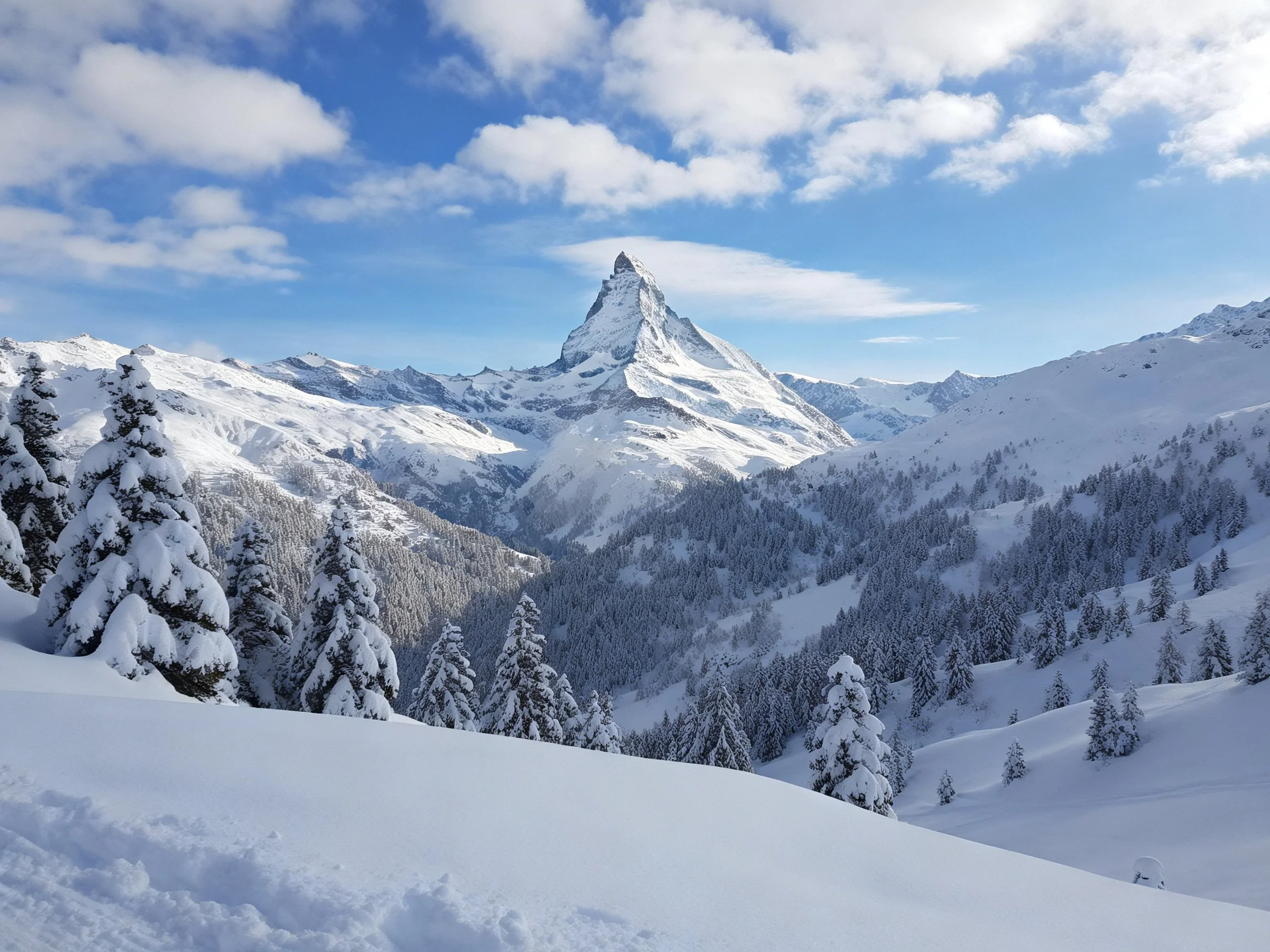 A majestic snow-capped mountain peak rises among frosty evergreen forests