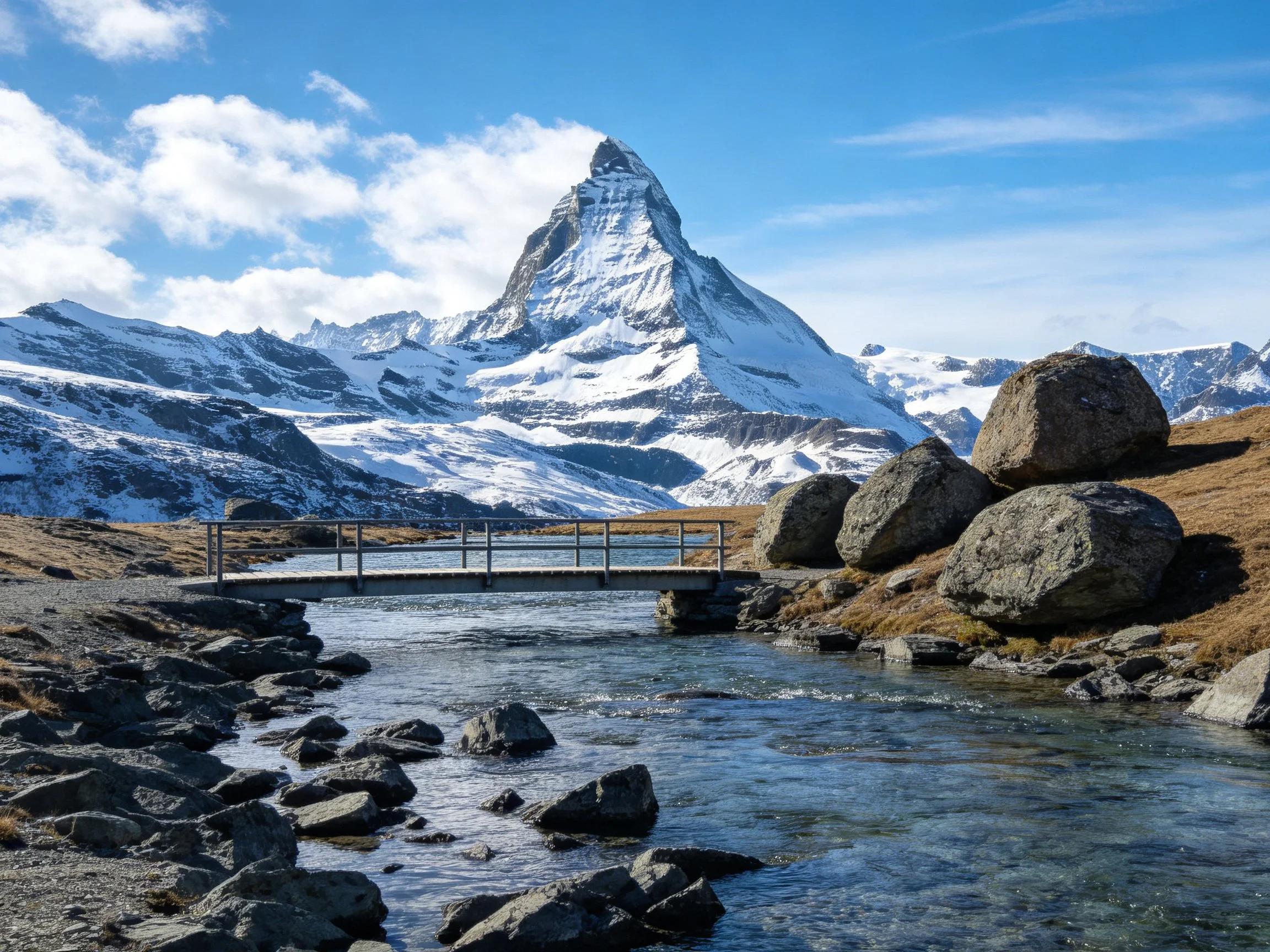 A majestic snow-capped mountain towers over a rocky stream with a wooden bridge