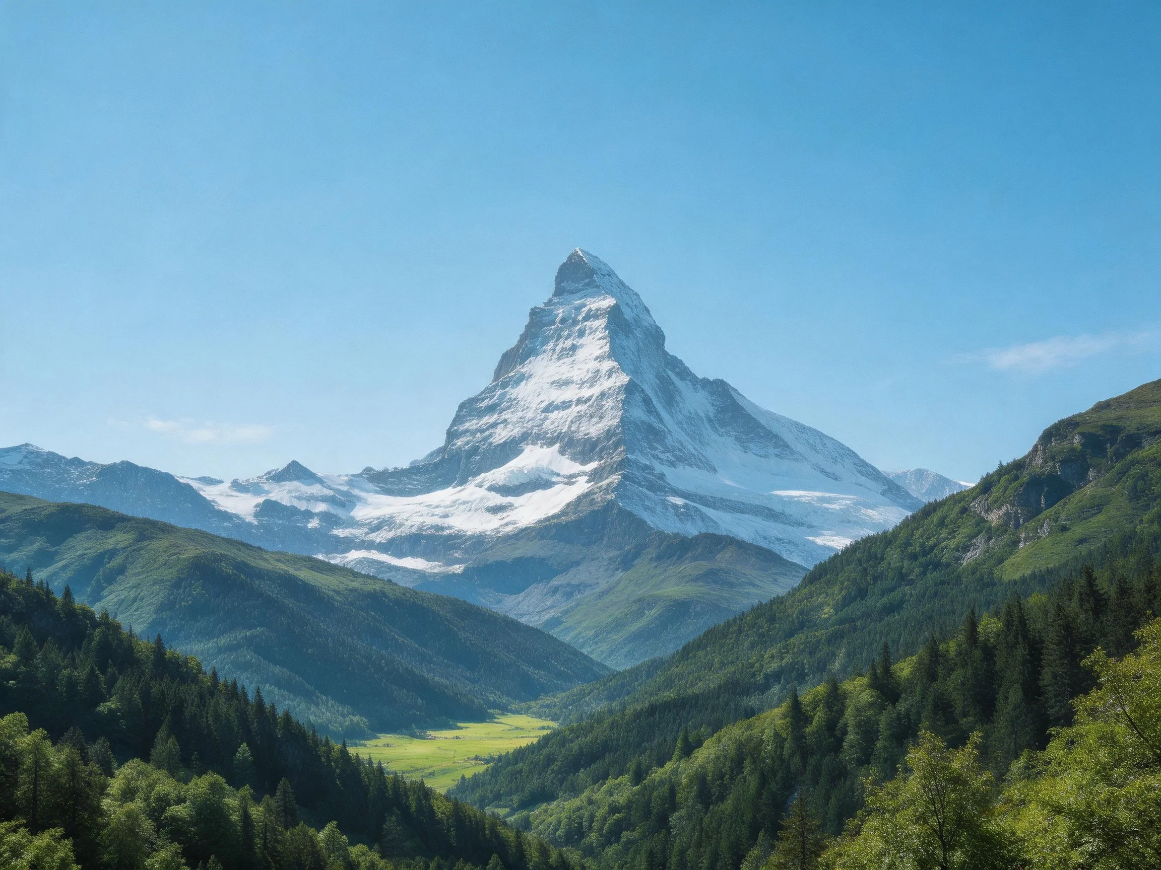 A majestic snow-capped mountain towers over lush green valleys under clear blue skies