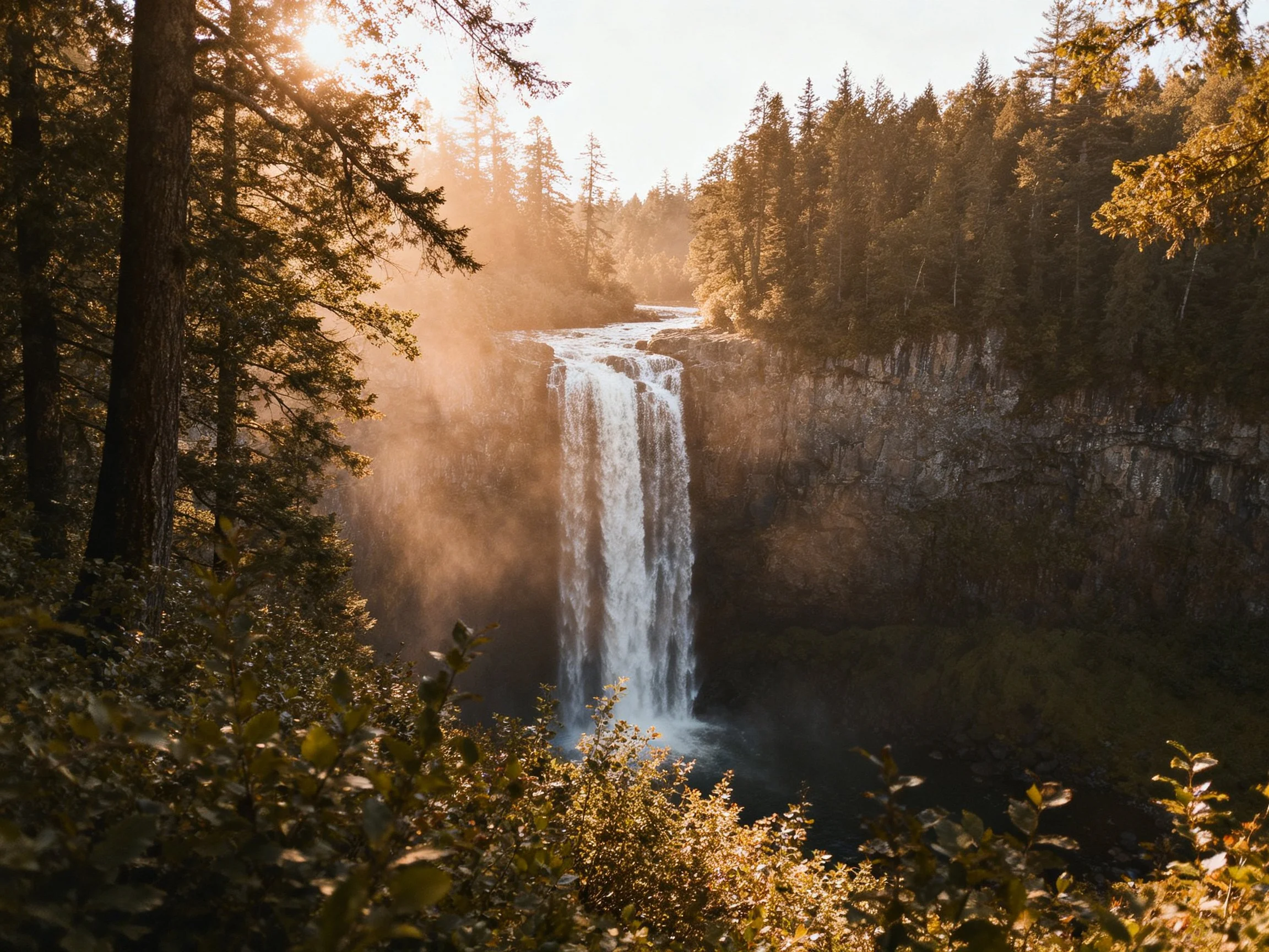A majestic waterfall cascades amid golden-hued forests with morning mist