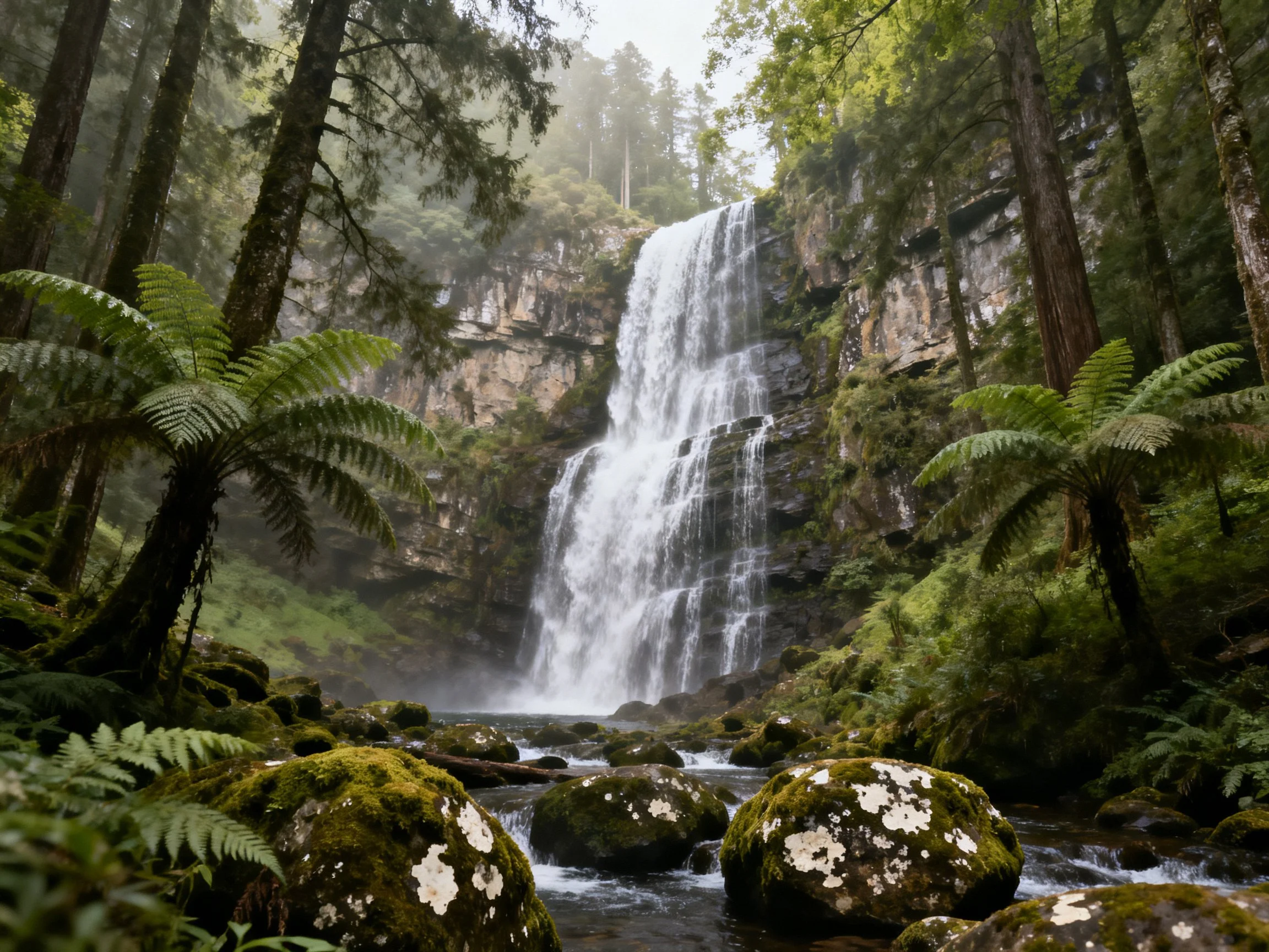 A majestic waterfall cascades amid lush green ferns and moss-covered rocks