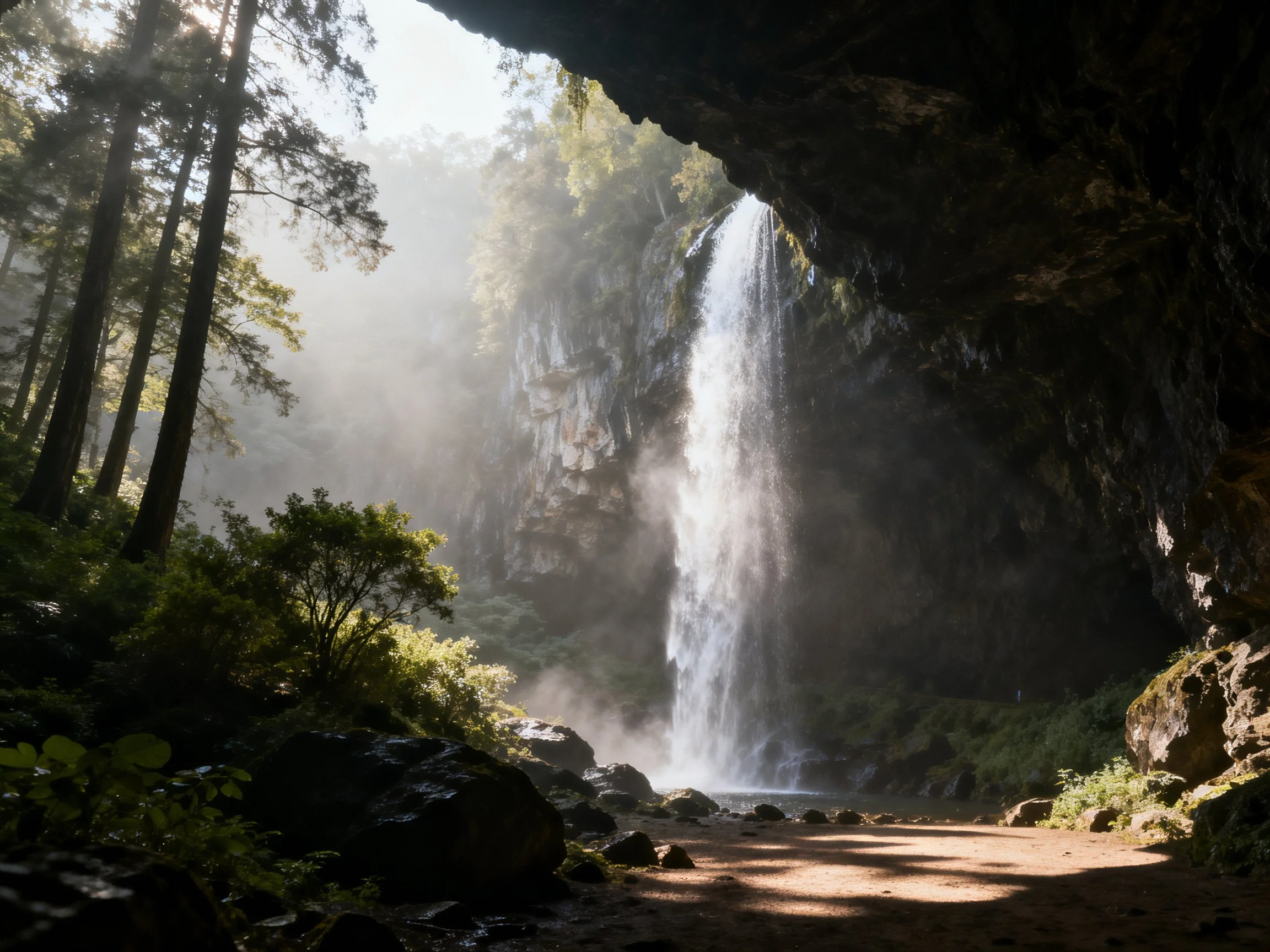 A majestic waterfall cascades into a misty forest cave