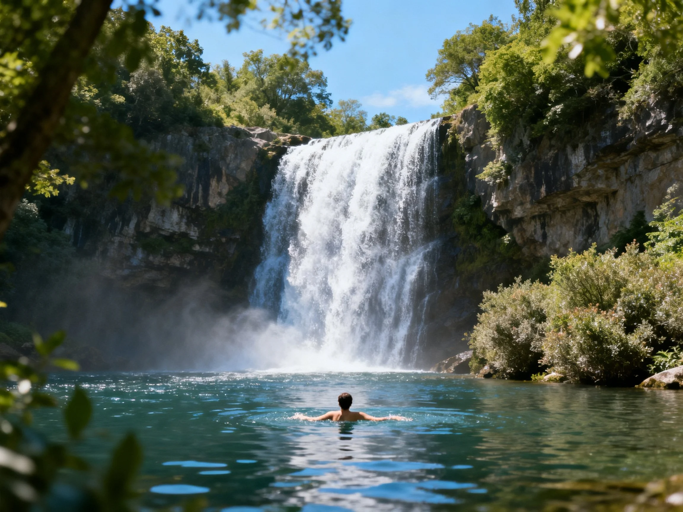 A majestic waterfall cascades into turquoise pool with swimmer