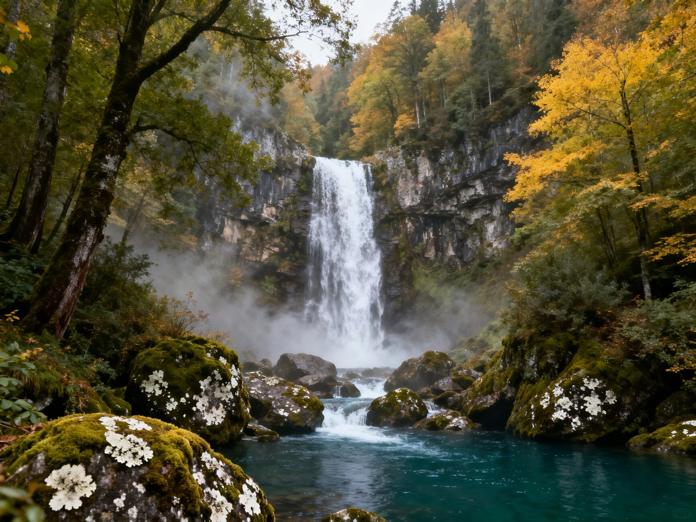 A majestic waterfall cascades into turquoise waters amid autumn foliage