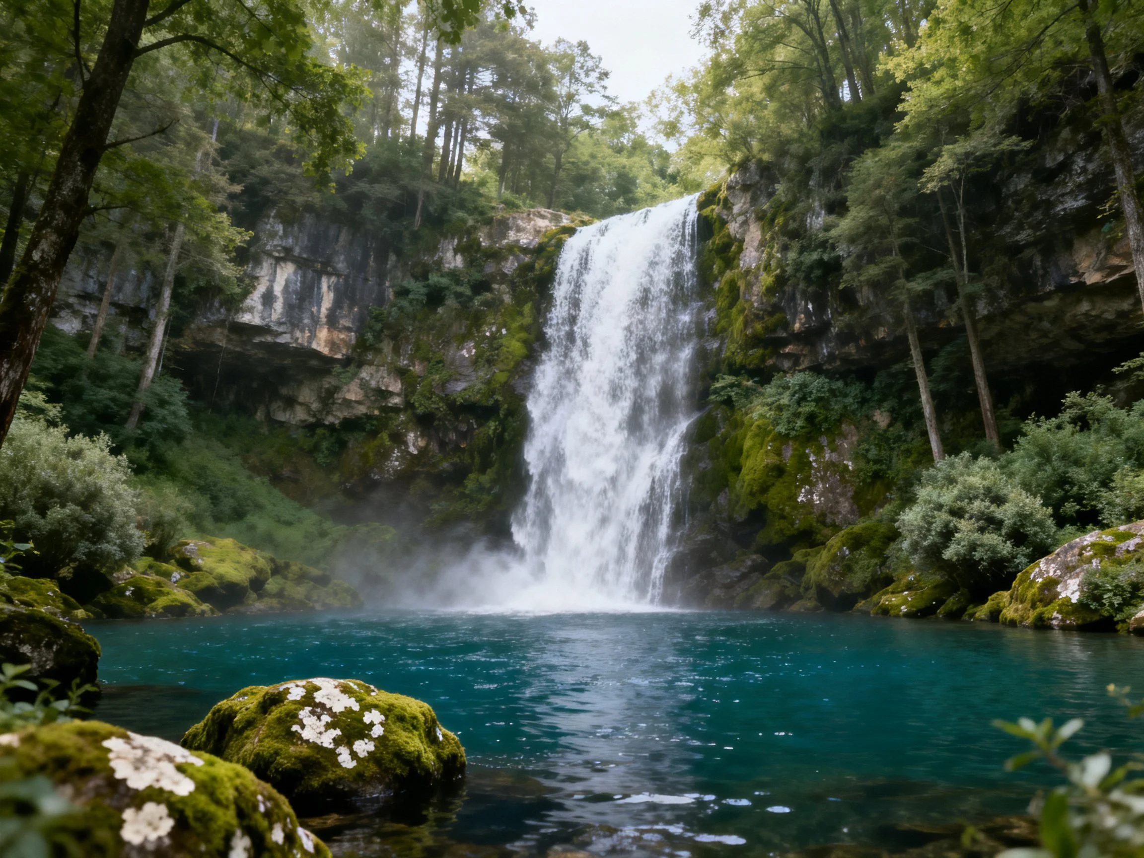 A majestic waterfall cascades into vibrant turquoise waters amid lush greenery.