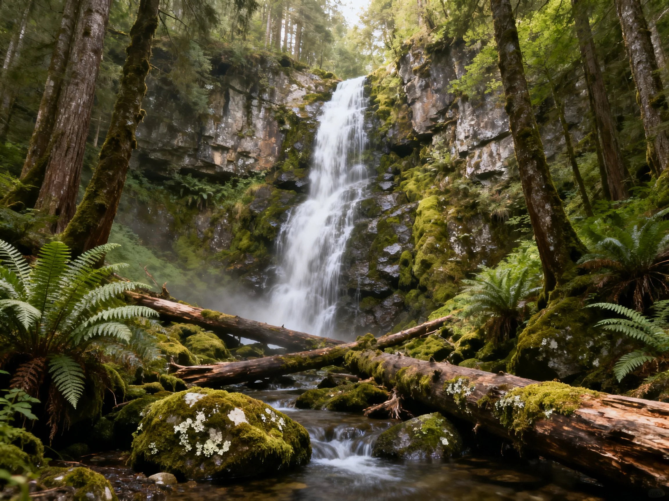 A majestic waterfall cascades over rocks into a mossy forest stream