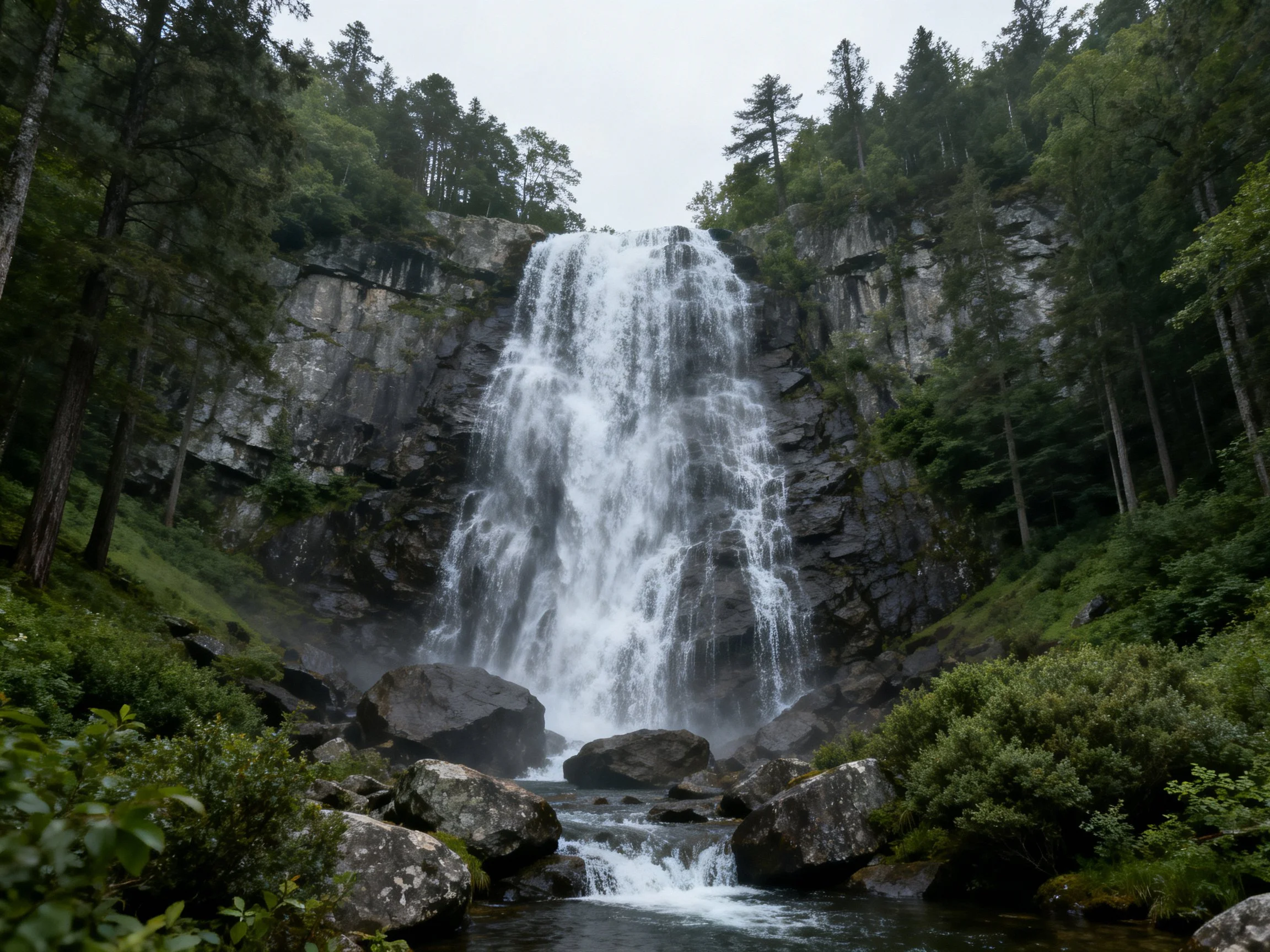 A majestic waterfall cascades over rocky cliffs amid dense greenery
