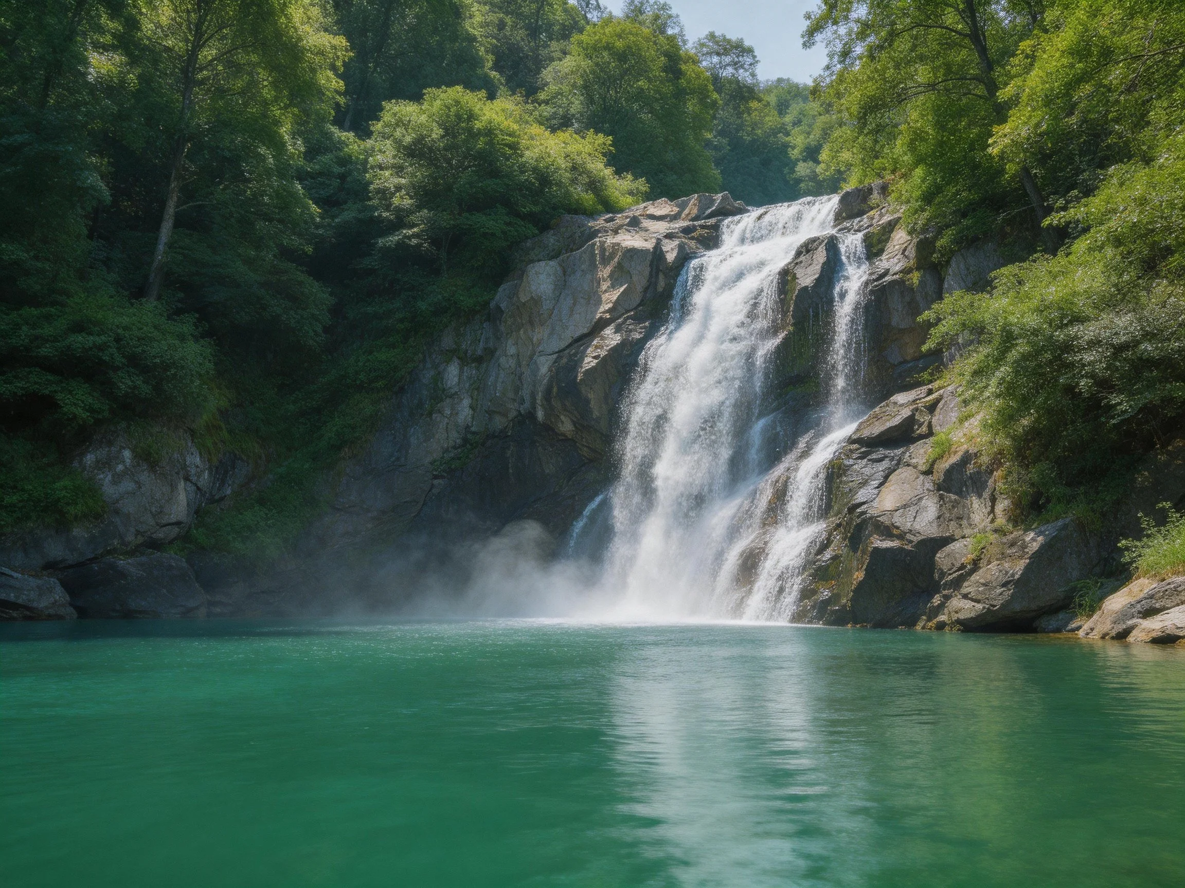 A majestic waterfall cascades over rocky cliffs into turquoise waters