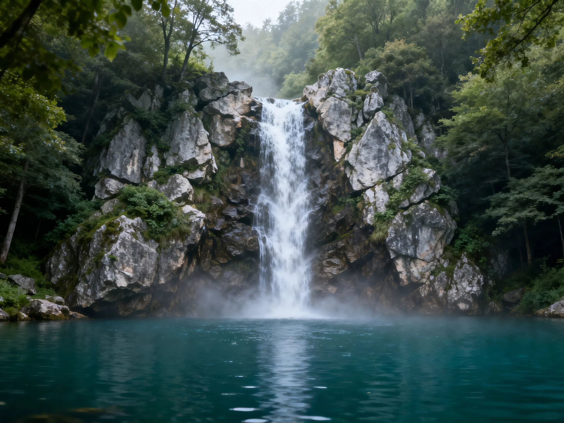 A majestic waterfall cascades over rugged gray rocks into turquoise waters