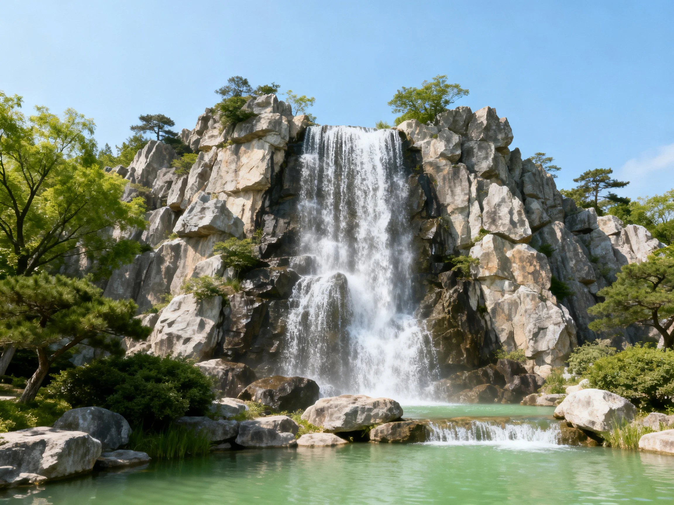 A majestic waterfall cascades over rugged gray rocks into turquoise waters