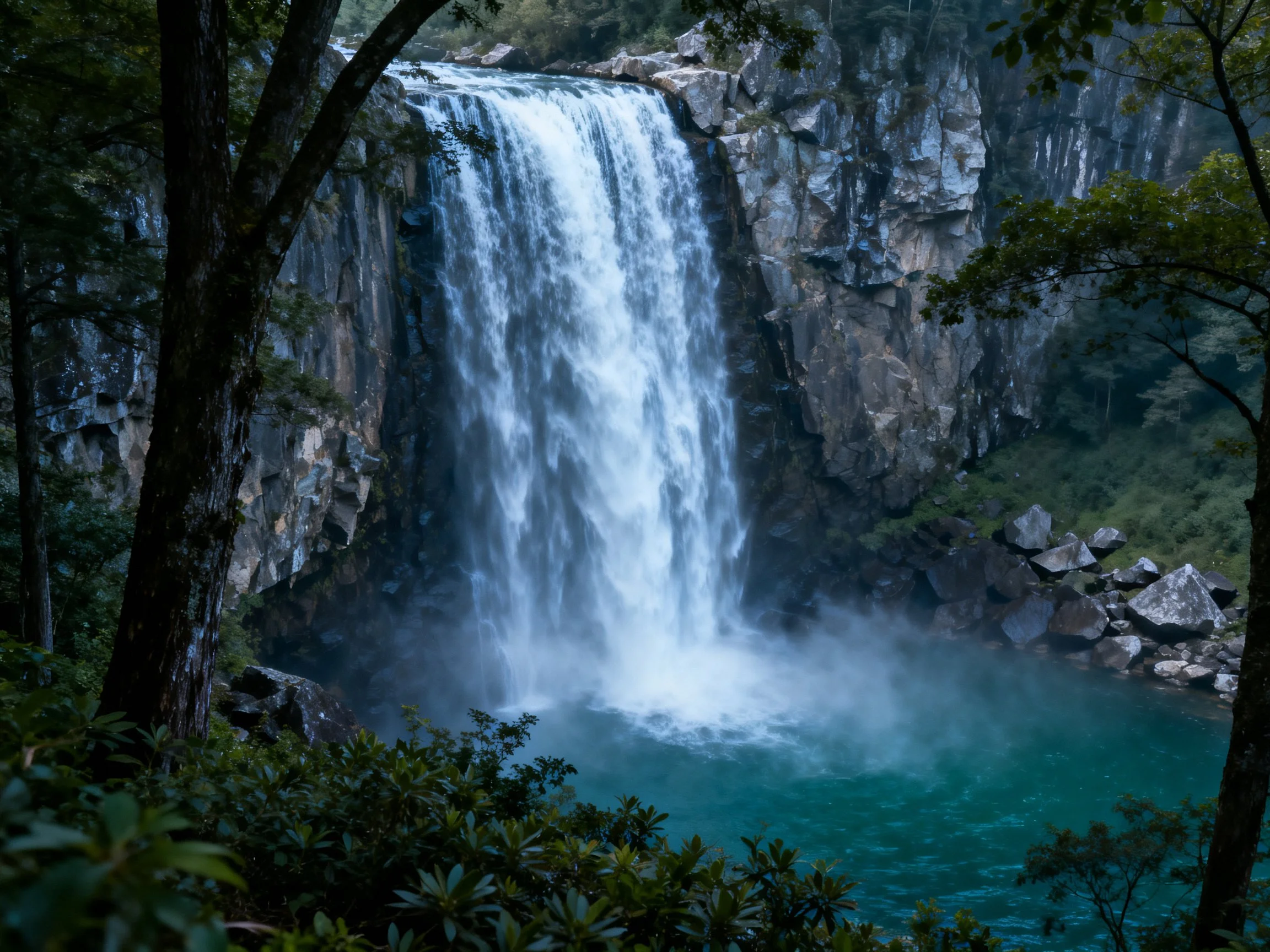 A majestic waterfall tumbles over rugged cliffs into emerald pools.