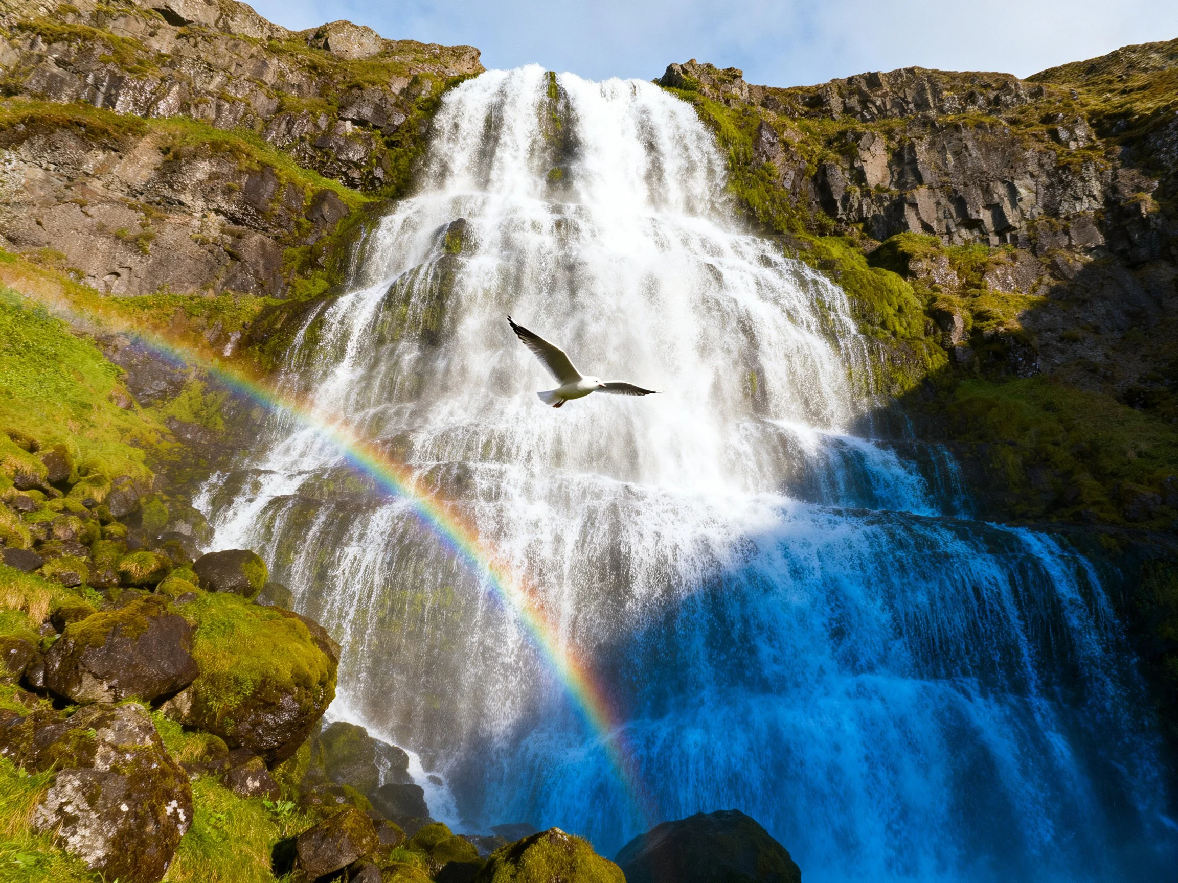 A majestic waterfall with a vibrant rainbow and a flying bird