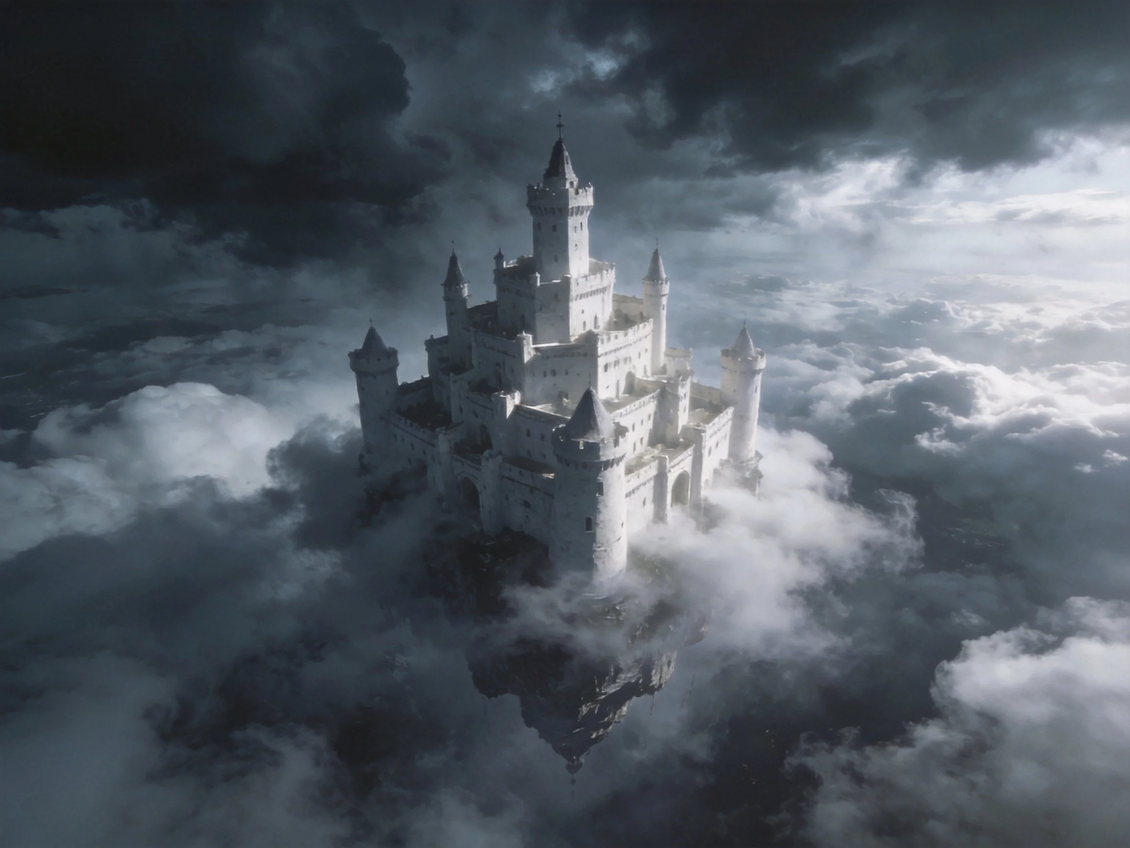 A majestic white castle amid swirling storm clouds