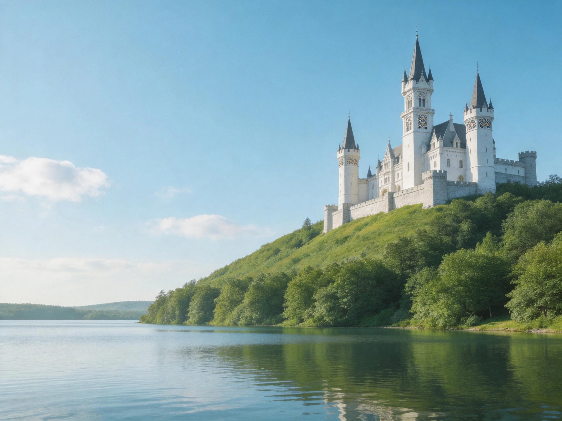 A majestic white castle atop a lush green hill beside calm blue waters