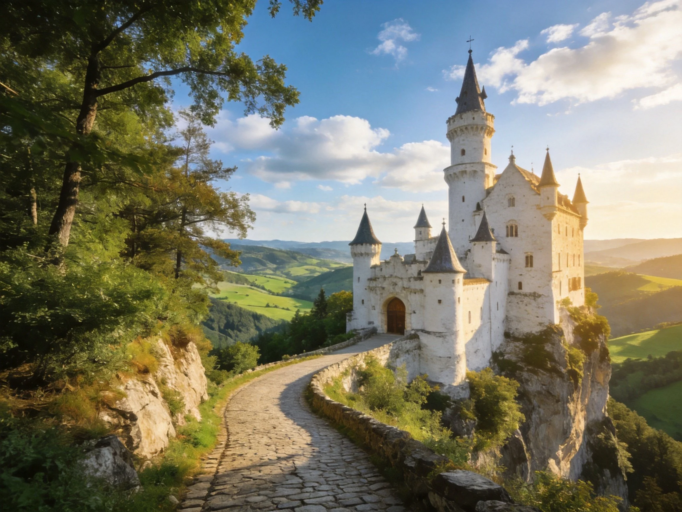 A majestic white castle atop a rocky cliff with winding stone path