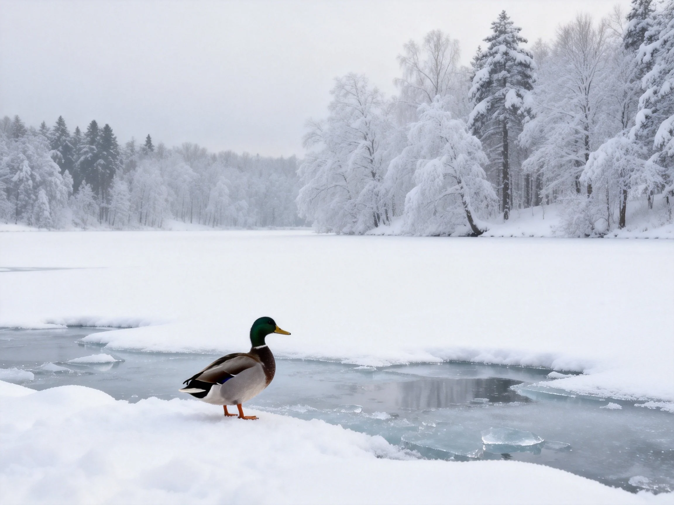 A mallard duck near icy waters amidst snow-laden winter trees