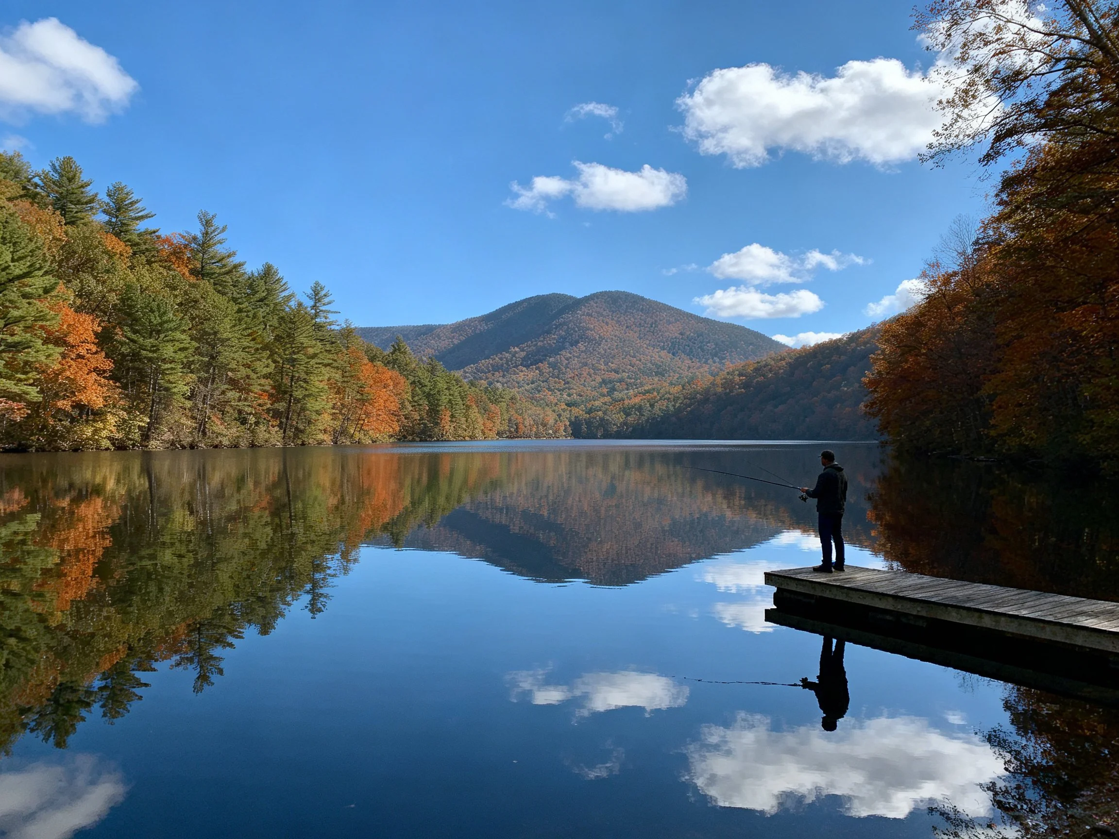A man fishes from a dock amid autumn forests and mountain reflections