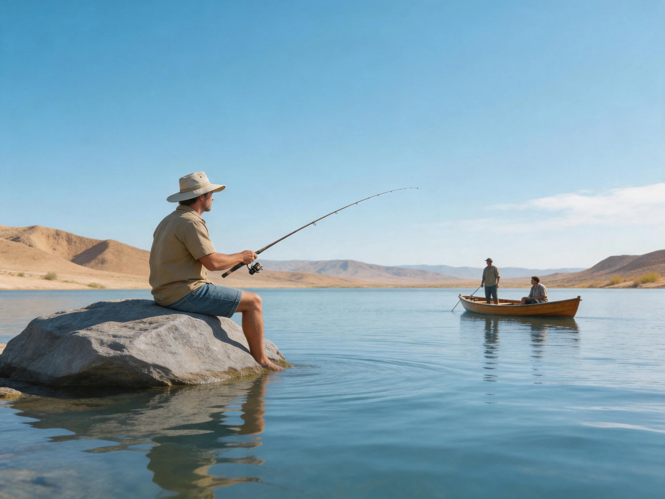 A man fishes from a rock near a small boat on calm water