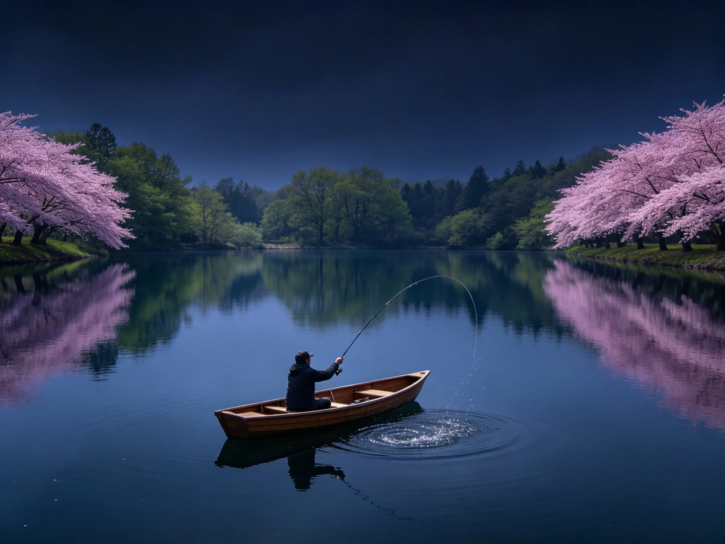 A man fishes from a small boat amid pink cherry blossom trees