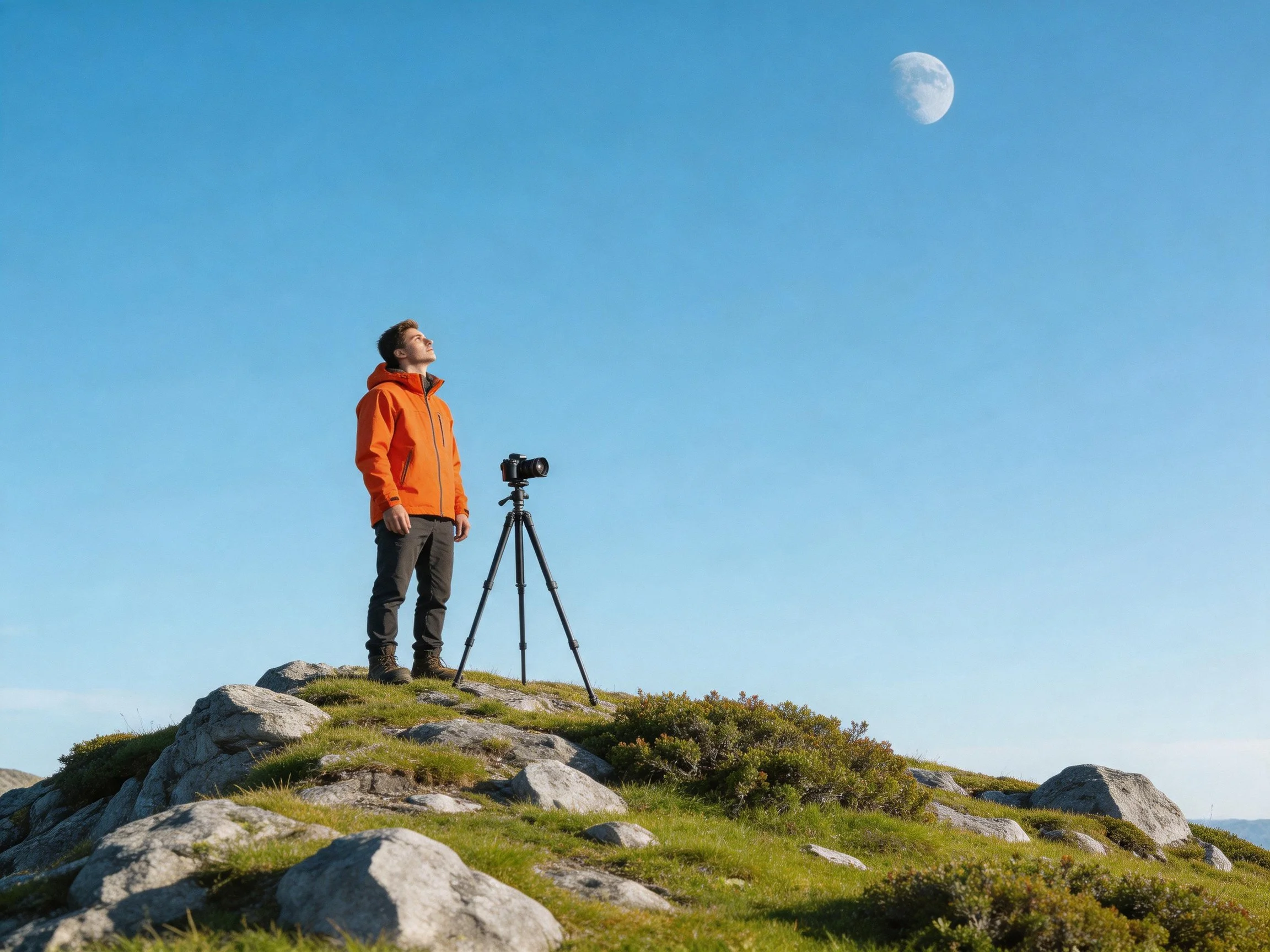 A man in an orange jacket photographs the moon from a rocky hilltop