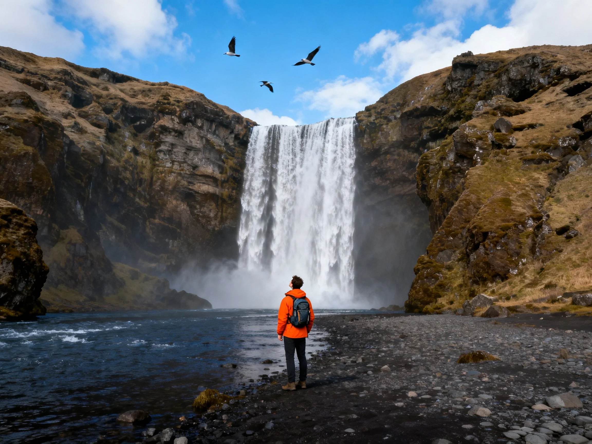 A man in an orange jacket views a towering waterfall between rugged cliffs