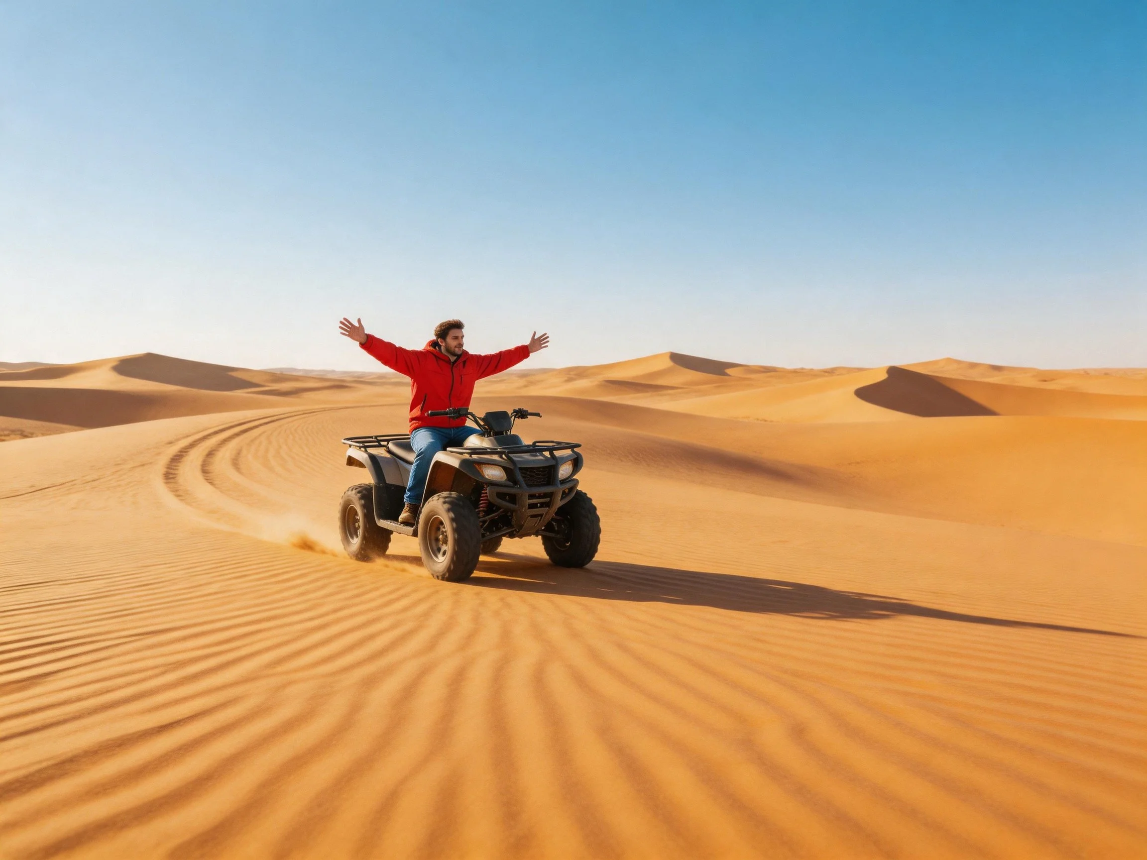 A man in red jacket rides an ATV across golden sand dunes