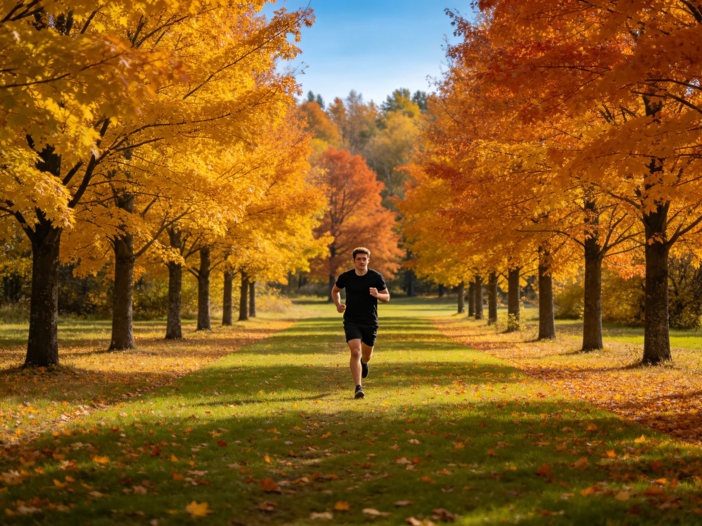 A man jogging through an autumnal tree-lined pathway