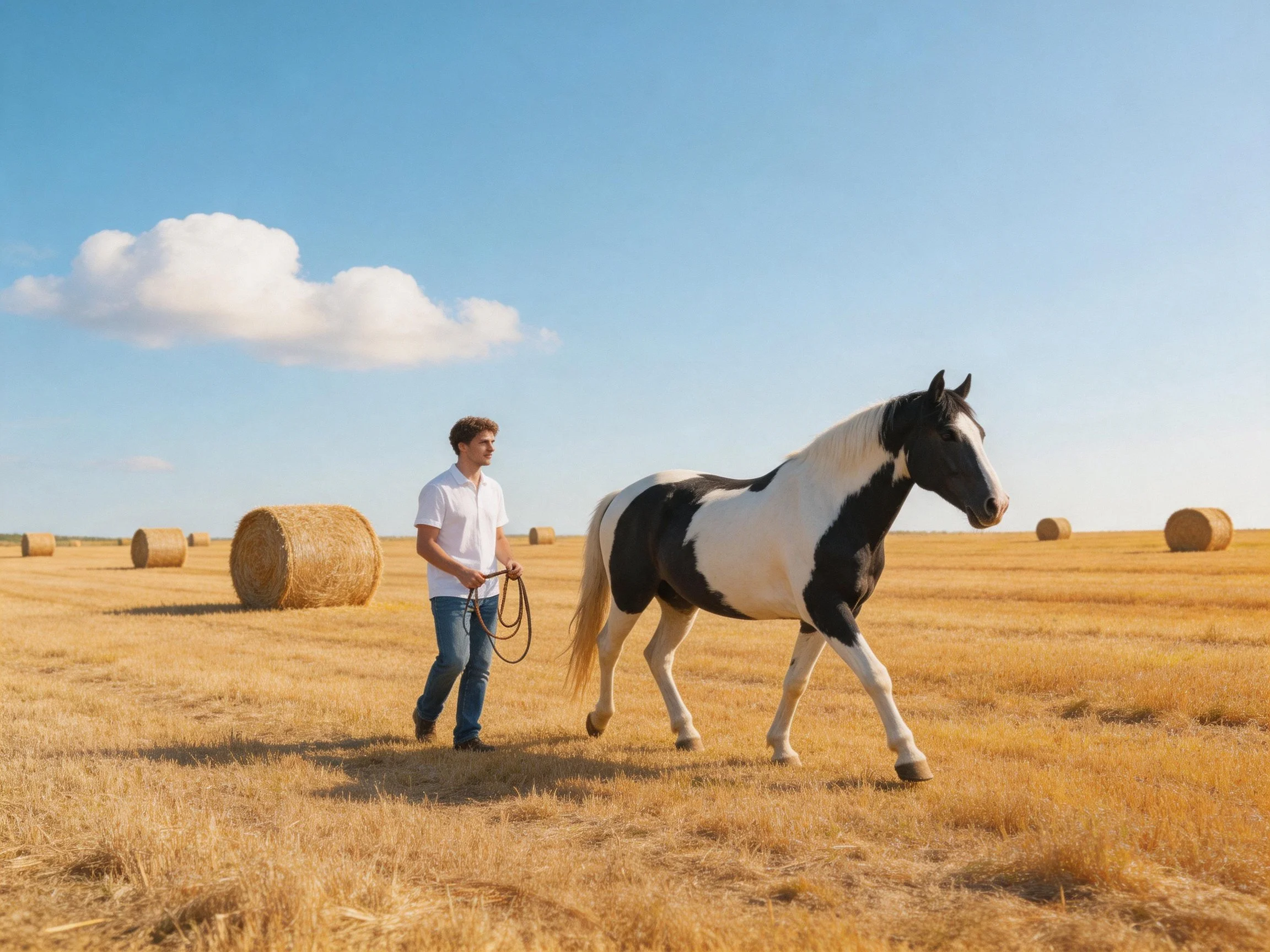 A man leading a black-and-white horse among golden hay bales