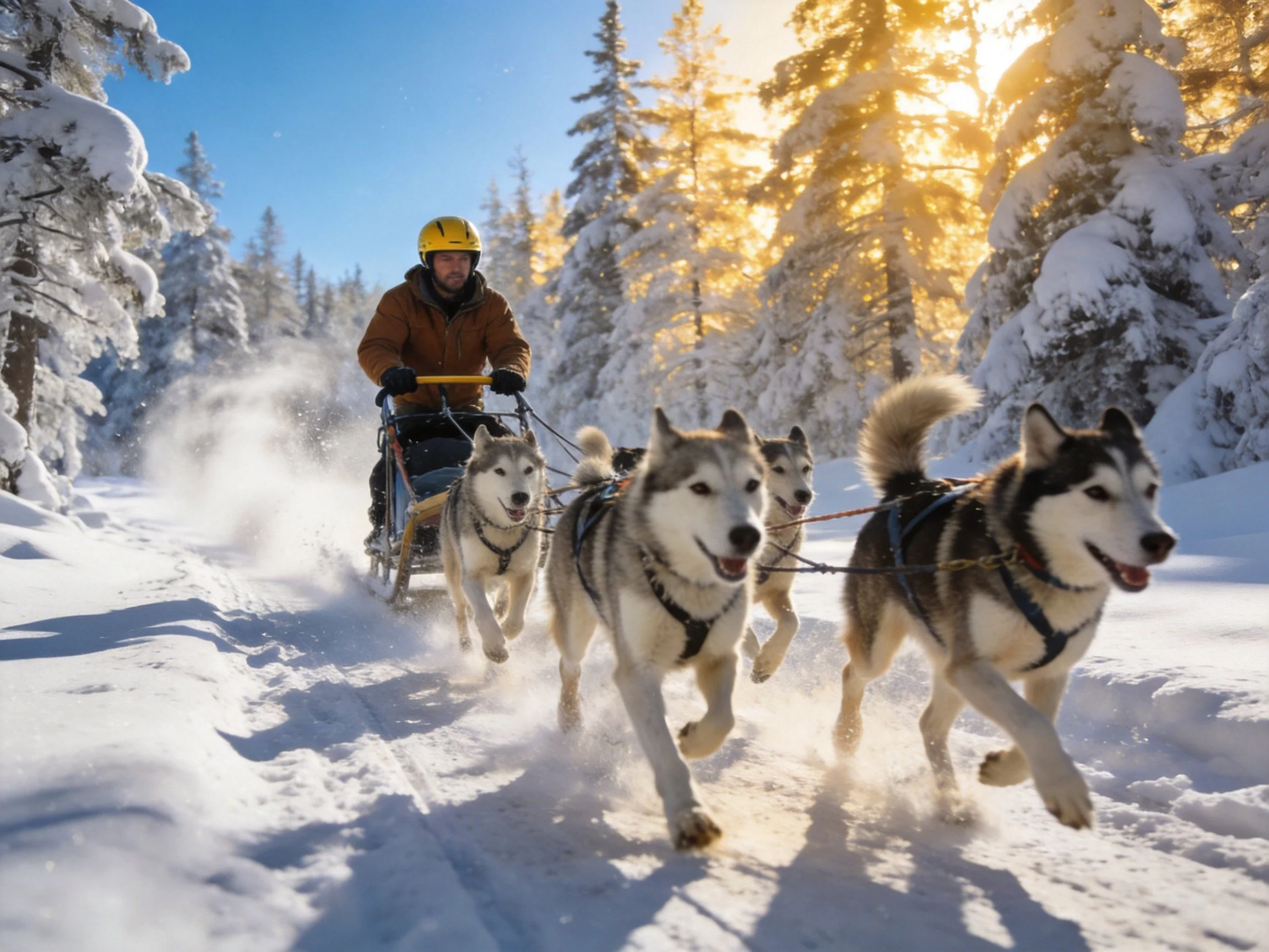 A man rides a sled pulled by four huskies through snowy forests