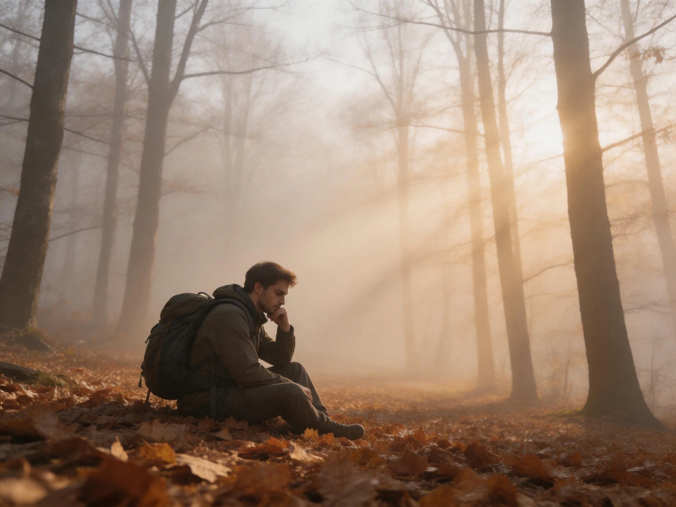 A man sits among fallen autumn leaves in a misty forest with golden sunlight