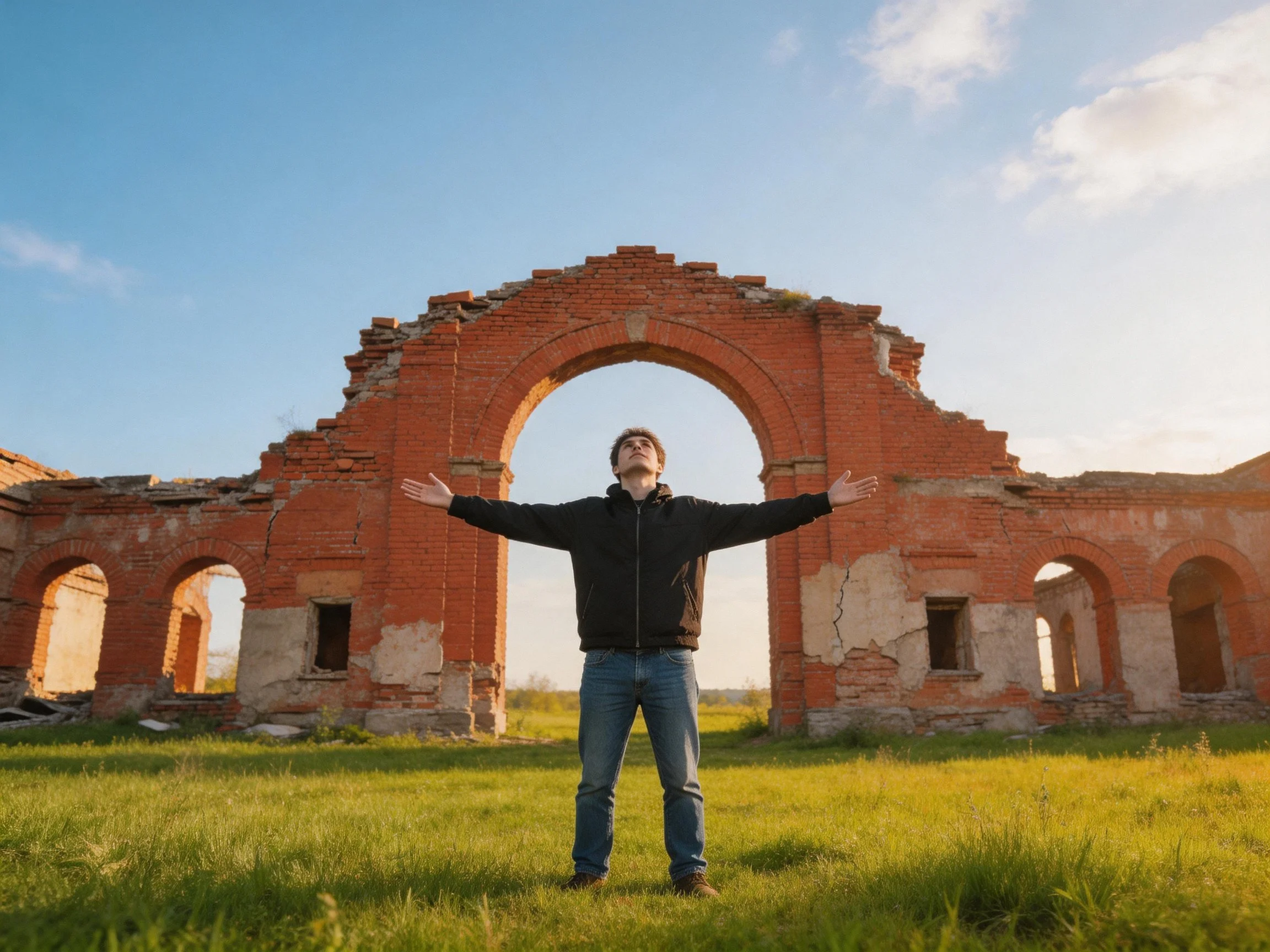 A man stands before ancient red-brick ruined arches with outstretched arms.