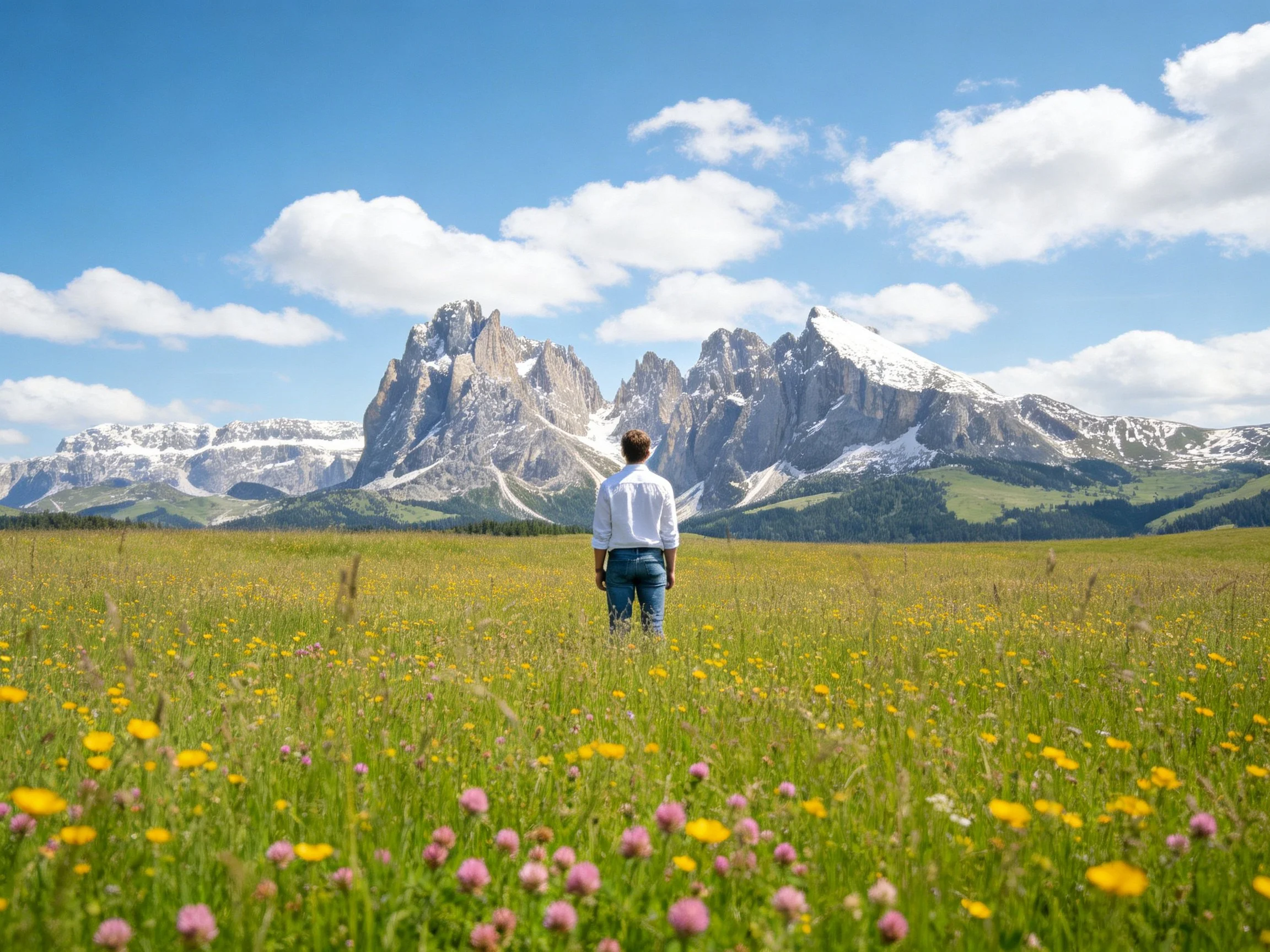 A man stands in a wildflower meadow before snow-capped peaks
