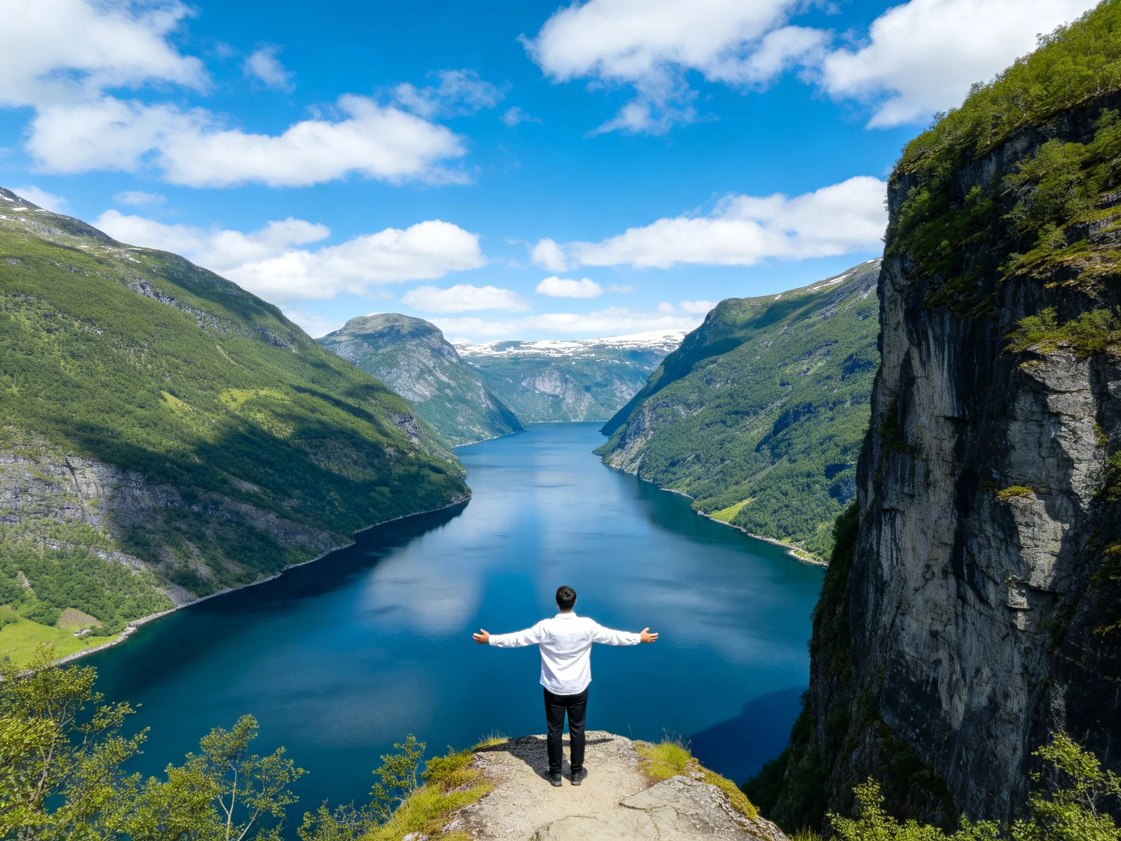 A man stands on a cliff edge overlooking a deep blue fjord between green mountains