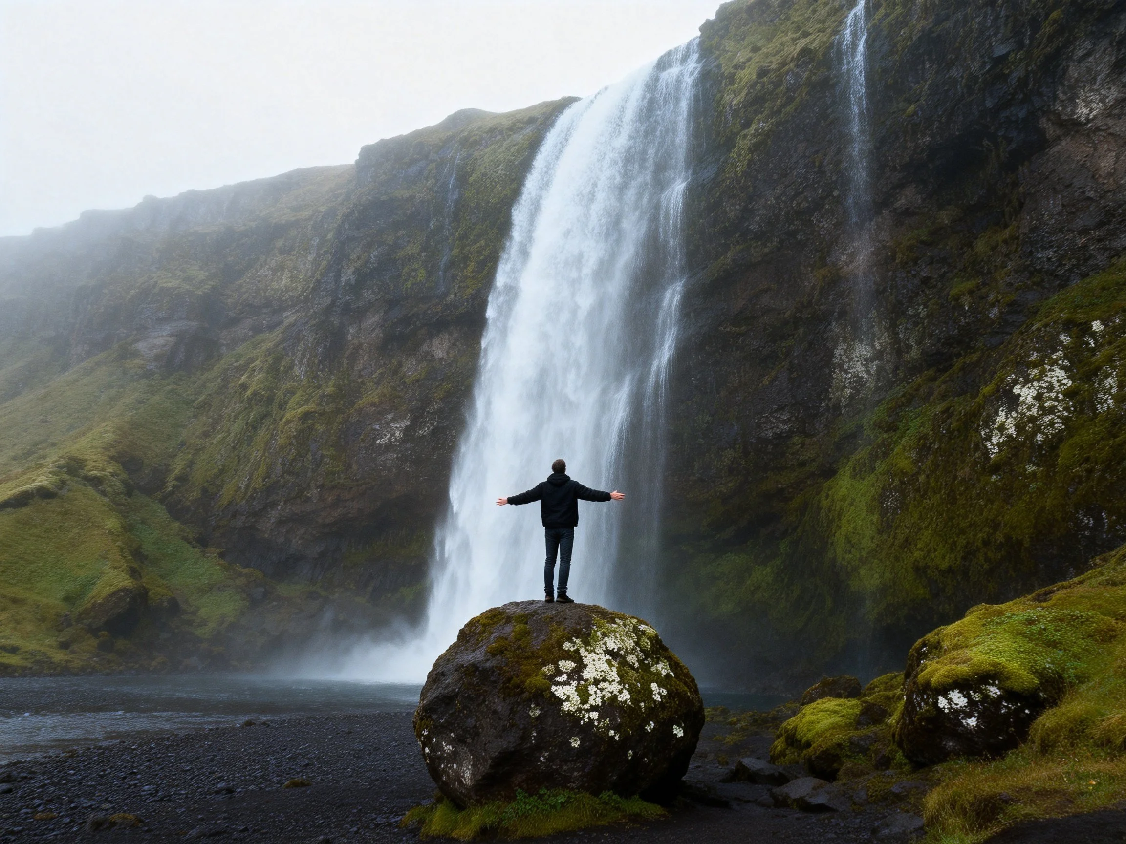 A man stands on a moss-covered rock before a towering waterfall
